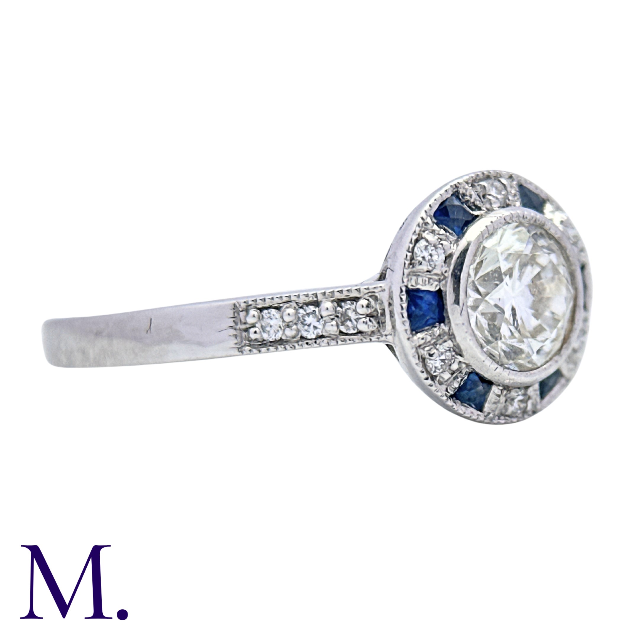 A Diamond And Sapphire Target Cluster Ring in 18k white gold, set with a principal round cut diamond - Image 3 of 4