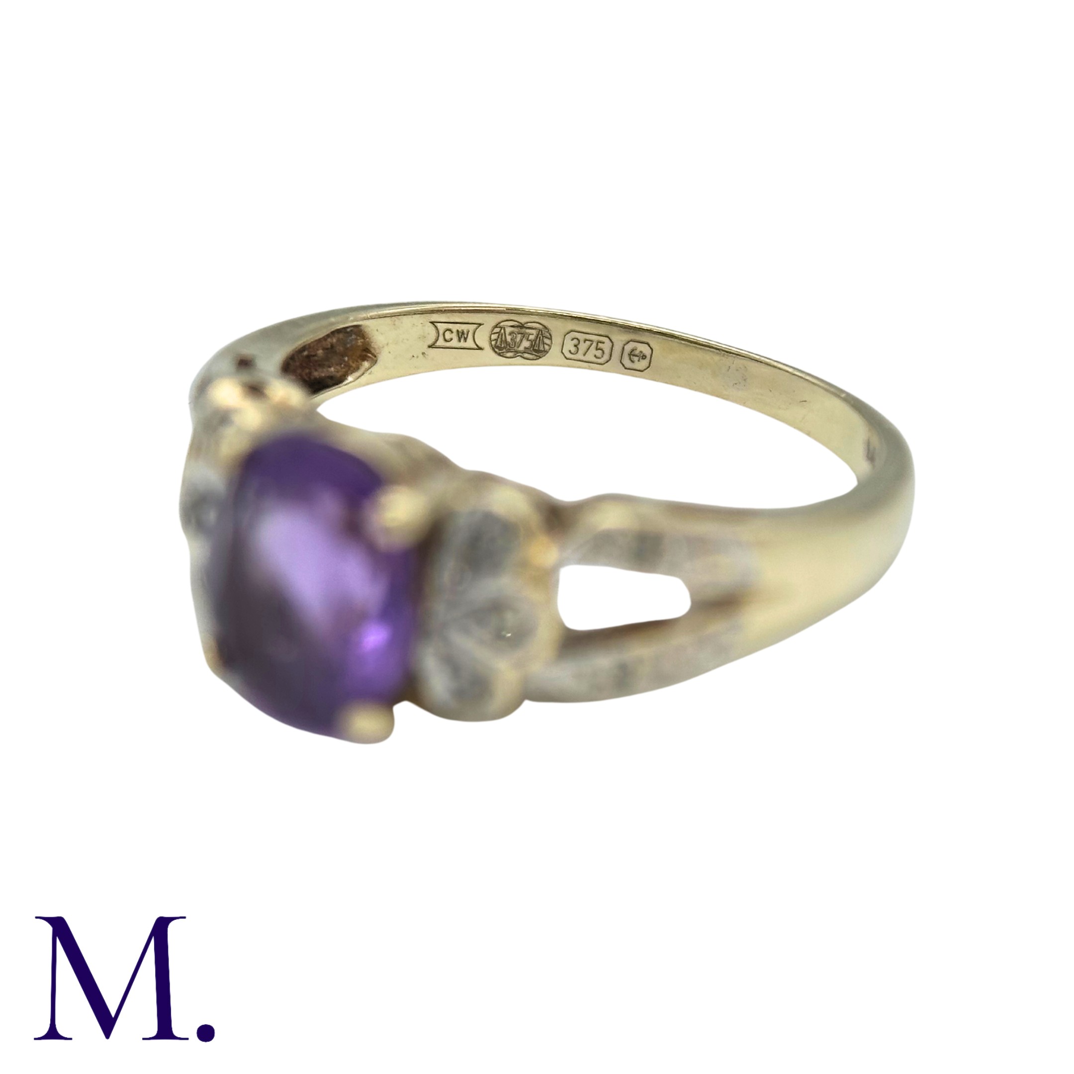 An Amethyst And Diamond Ring in 9k yellow gold, set with a central oval cut amethyst, accented by - Image 4 of 4