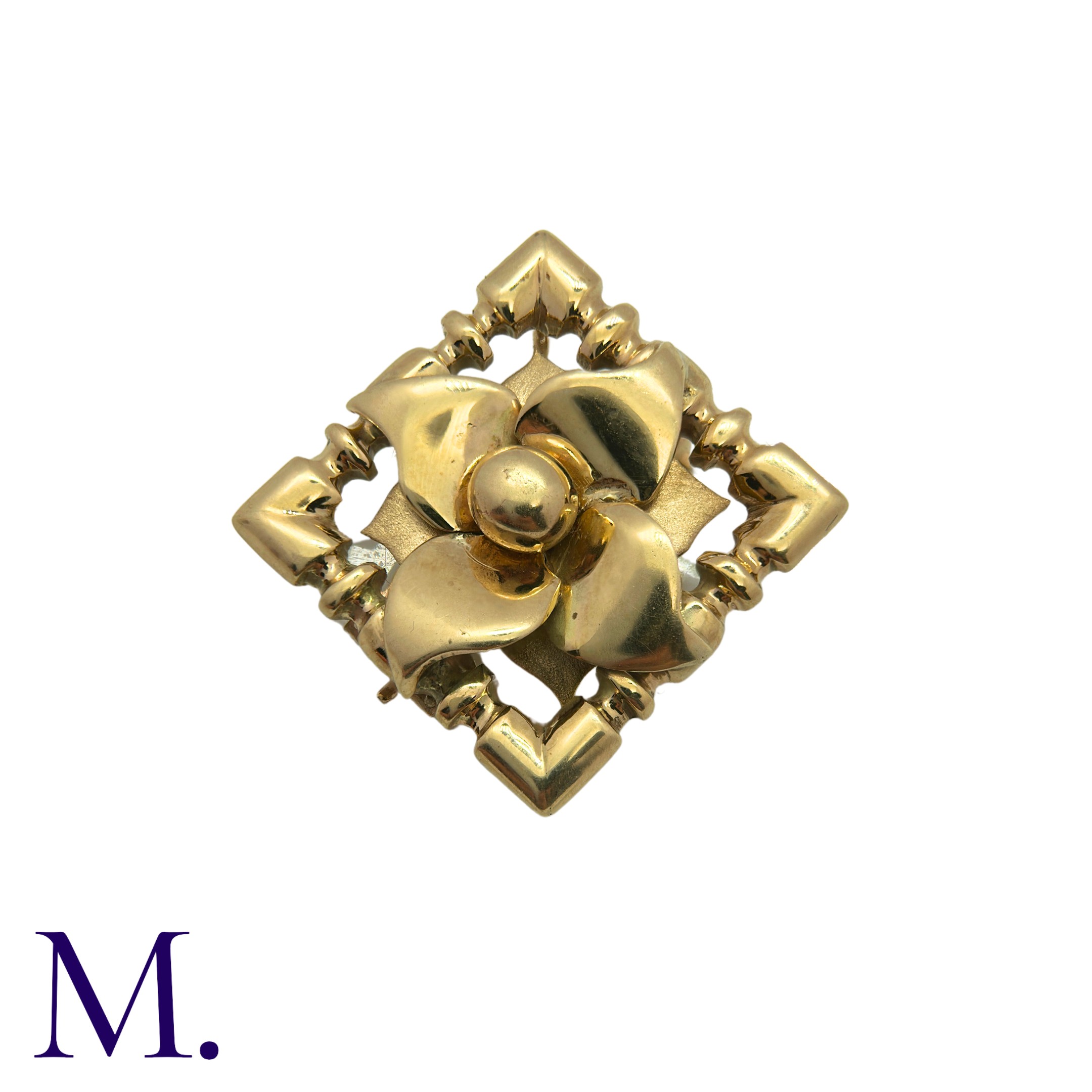 A Gold Pendant Brooch in 9K yellow gold, depicting a flower in square frame. With brooch and pendant