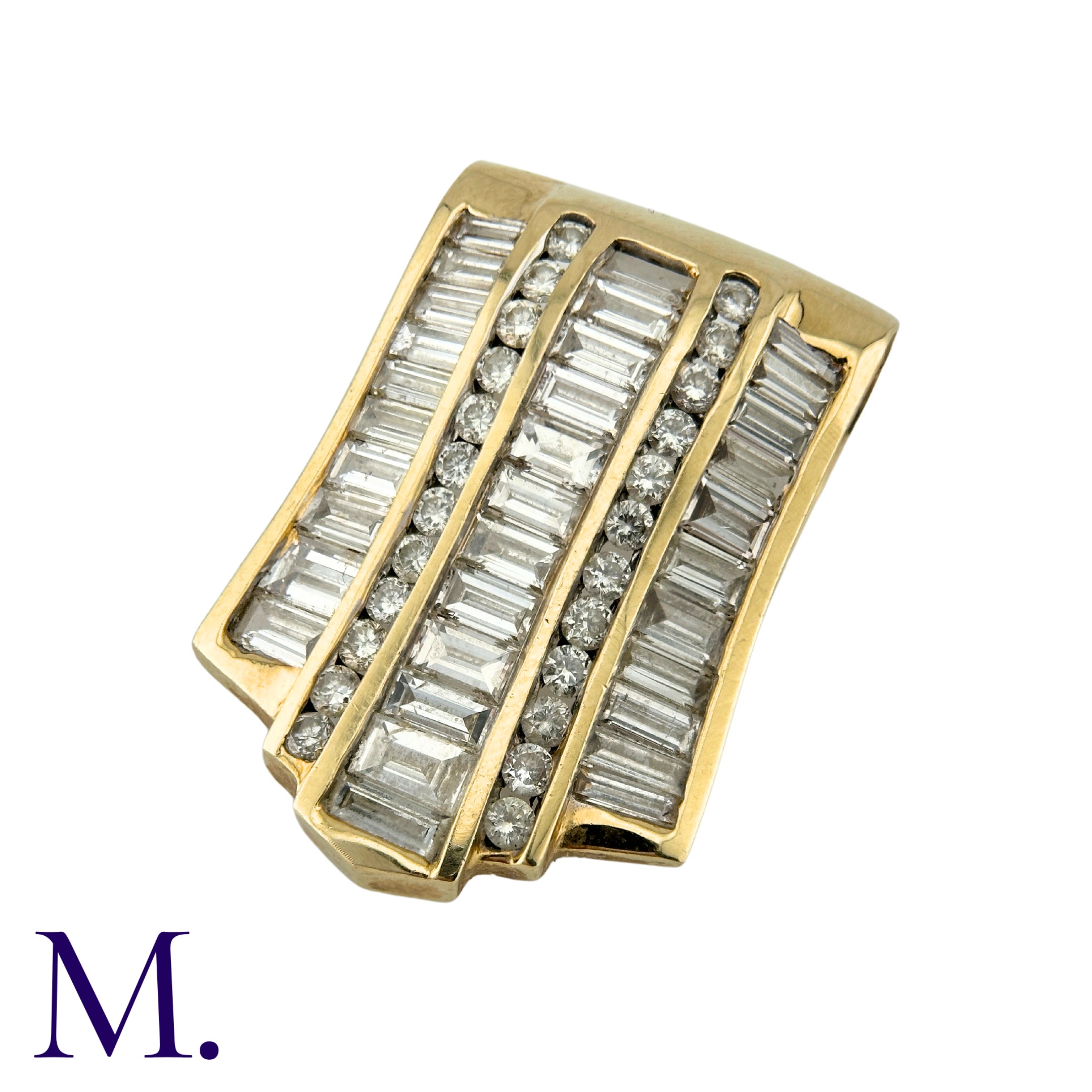 A Diamond Pendant in 14k yellow gold, set with three rows of baguette cut diamonds and two rows of