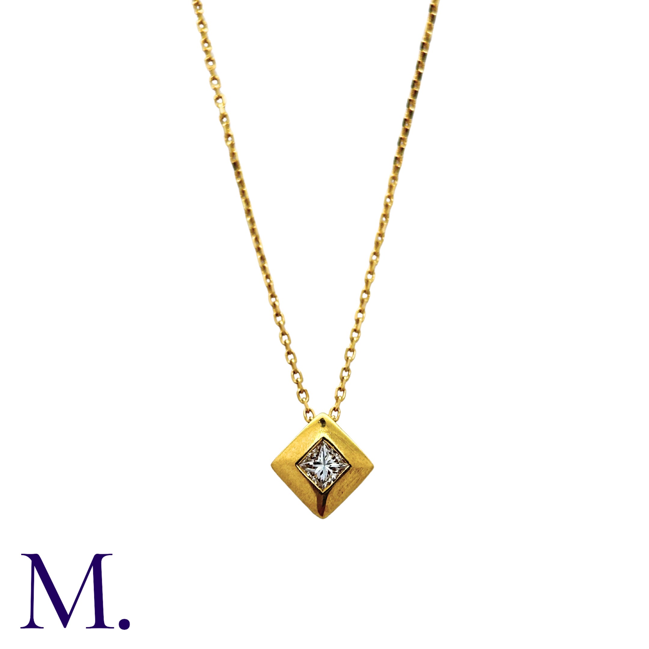 A Diamond Pendant and Chain in 18K yellow gold, the pendant set with a princess-cut diamond weighing - Image 2 of 3