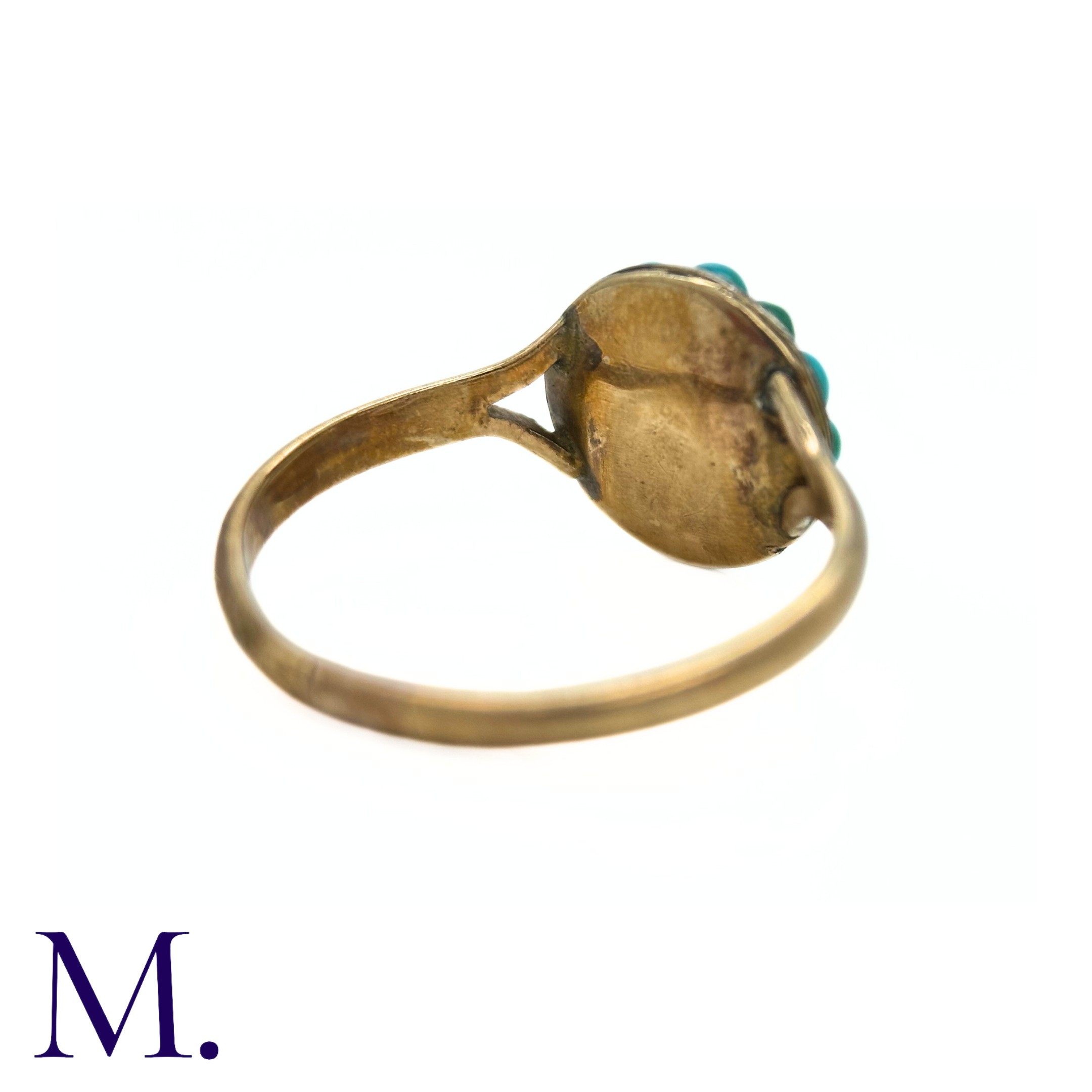 An Antique Turquoise Ring in yellow gold, the face pave set with cabochon turquoise. (Untested but - Image 4 of 4