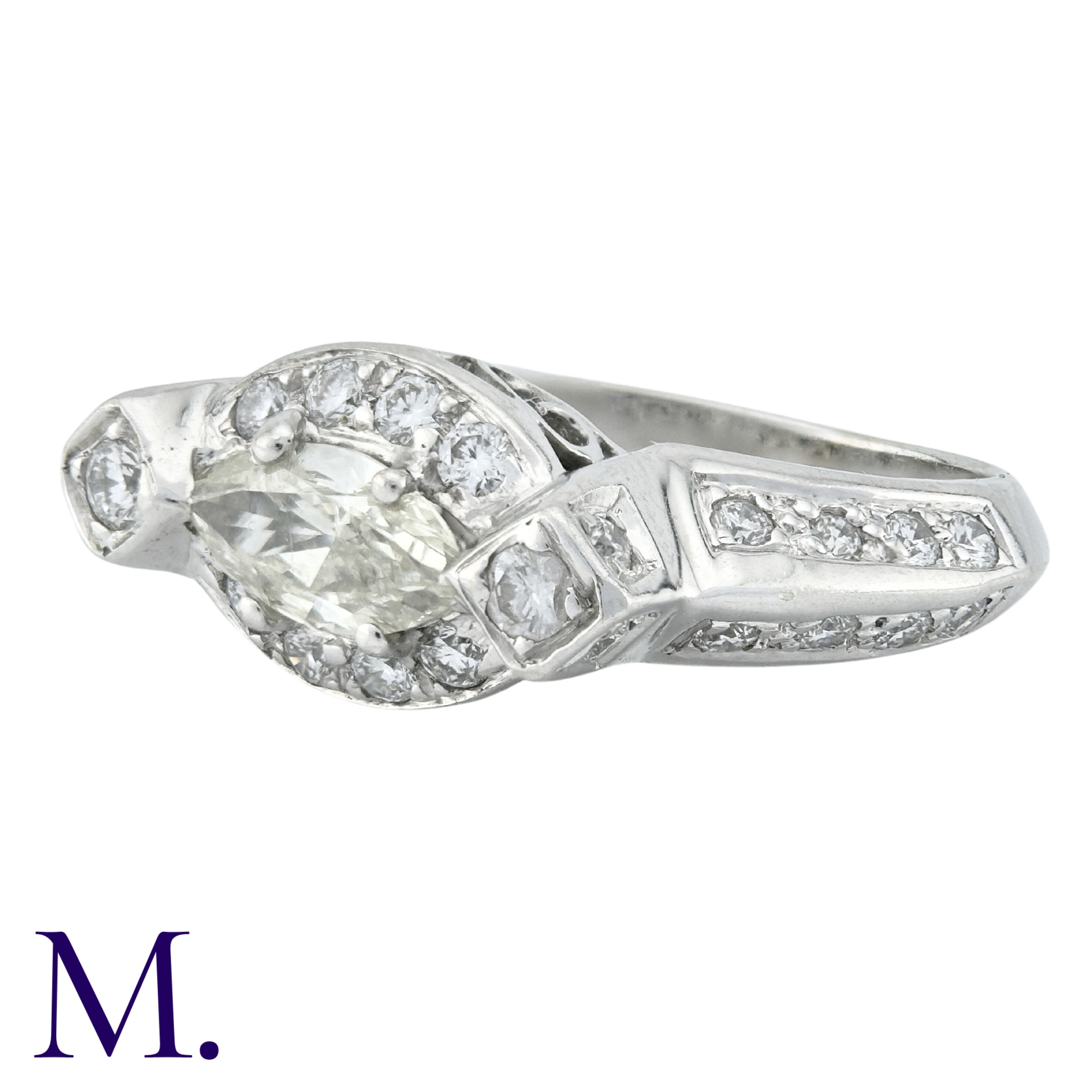 A Diamond Ring, in 18k white gold, set with a principal marquise cut stone of approximately 0. - Image 3 of 3