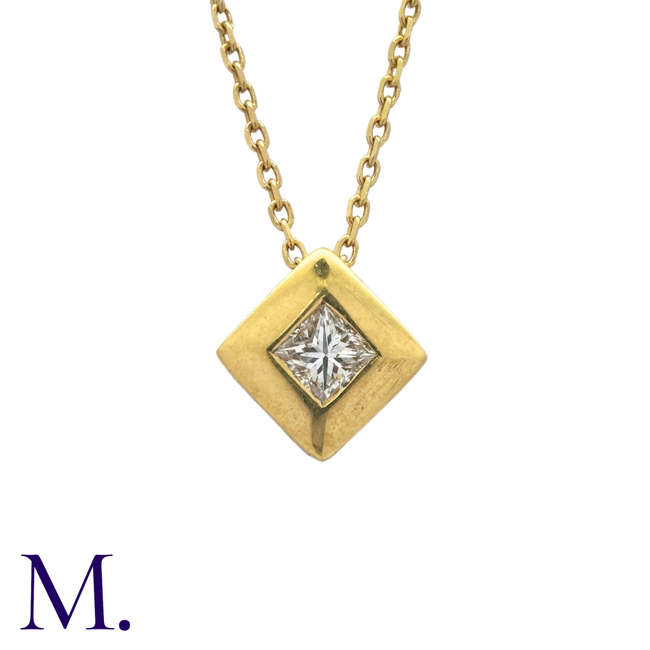 A Diamond Pendant and Chain in 18K yellow gold, the pendant set with a princess-cut diamond weighing