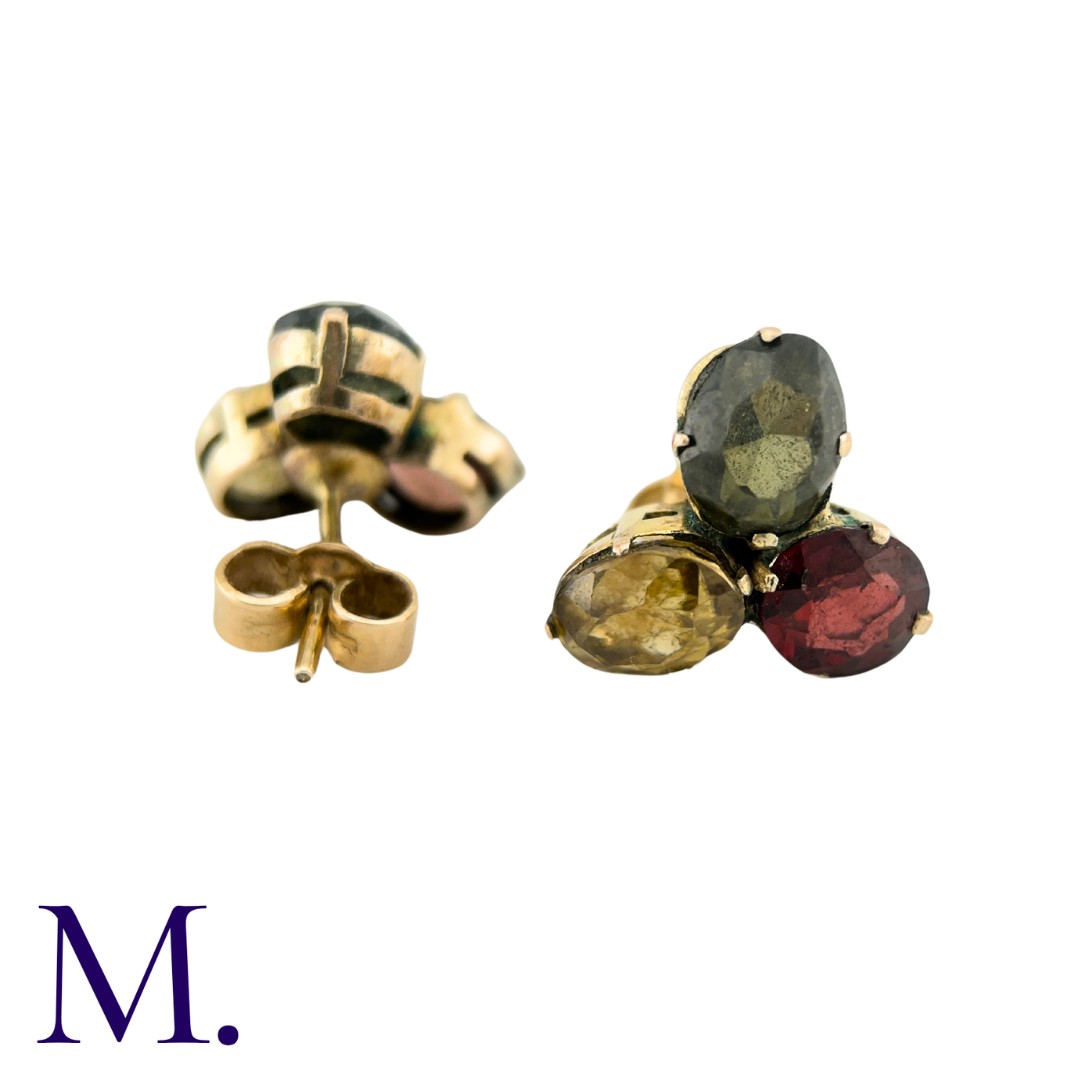 A Pair of Multi-Gem Earrings, each comprising a gem set, trefoil motif, of red yellow and green - Image 2 of 2