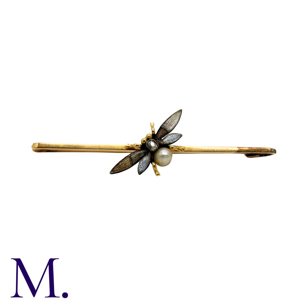 An Insect Bar Brooch in 15K yellow gold, depicting a winged insect with natural pearl and old cut