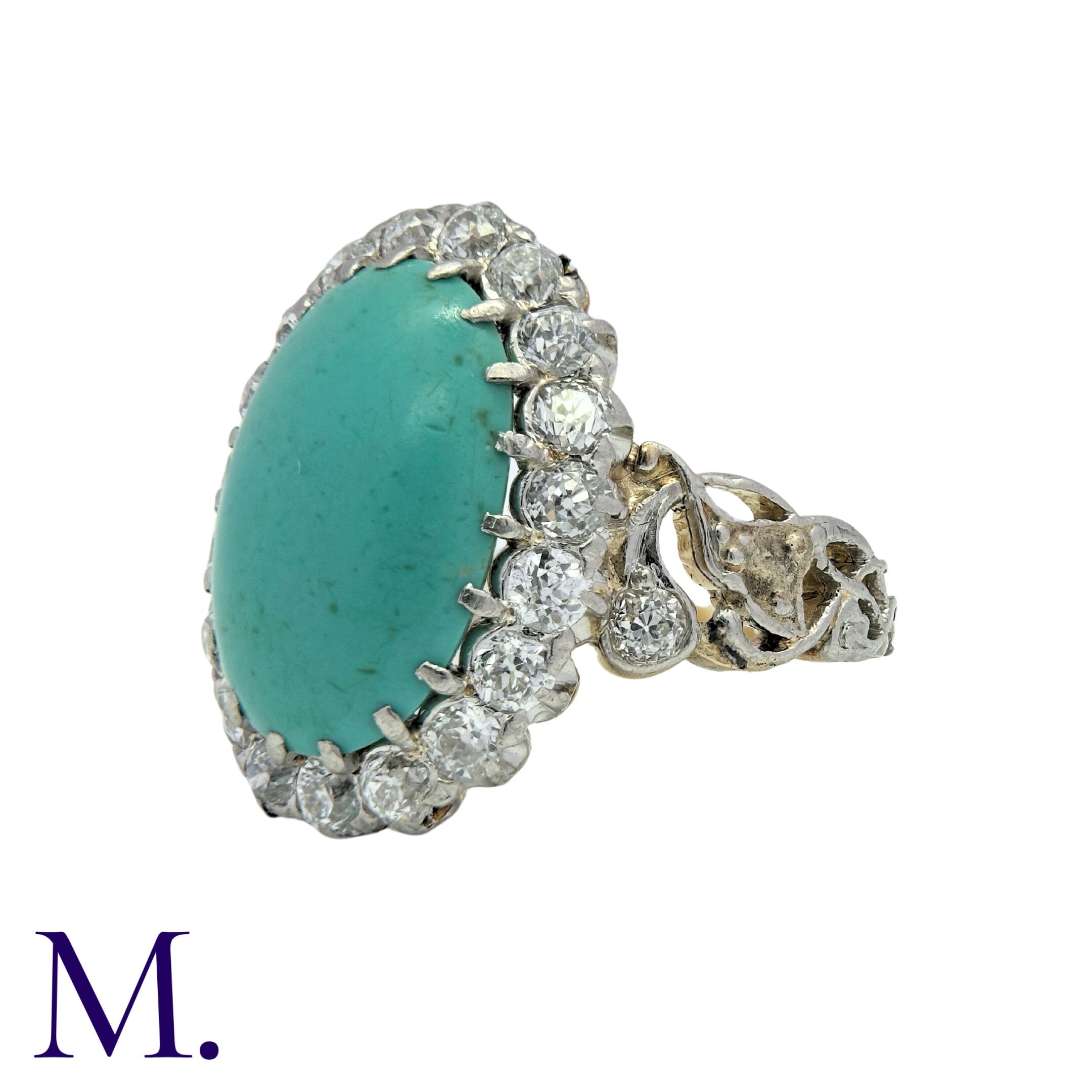 An Antique Turquoise and Diamond Cluster Ring in 18K yellow gold, set with an oval cabochon of - Image 2 of 3