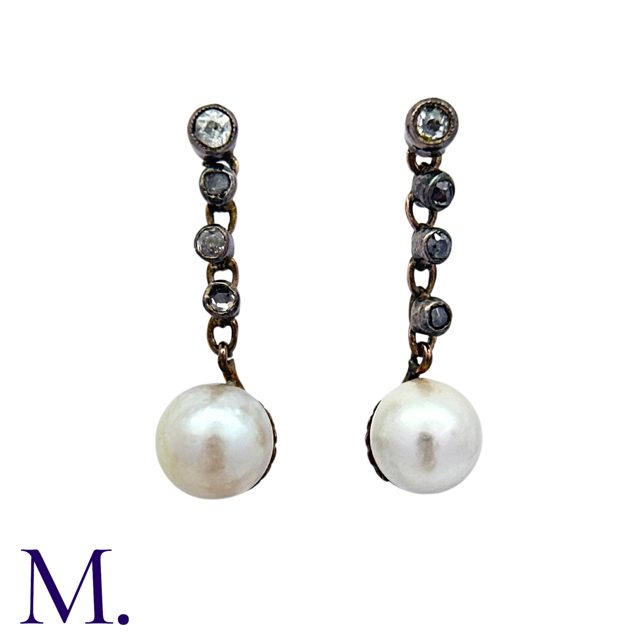 A Pair of Antique Pearl and Diamond Earrings in yellow gold and silver, each comprising an