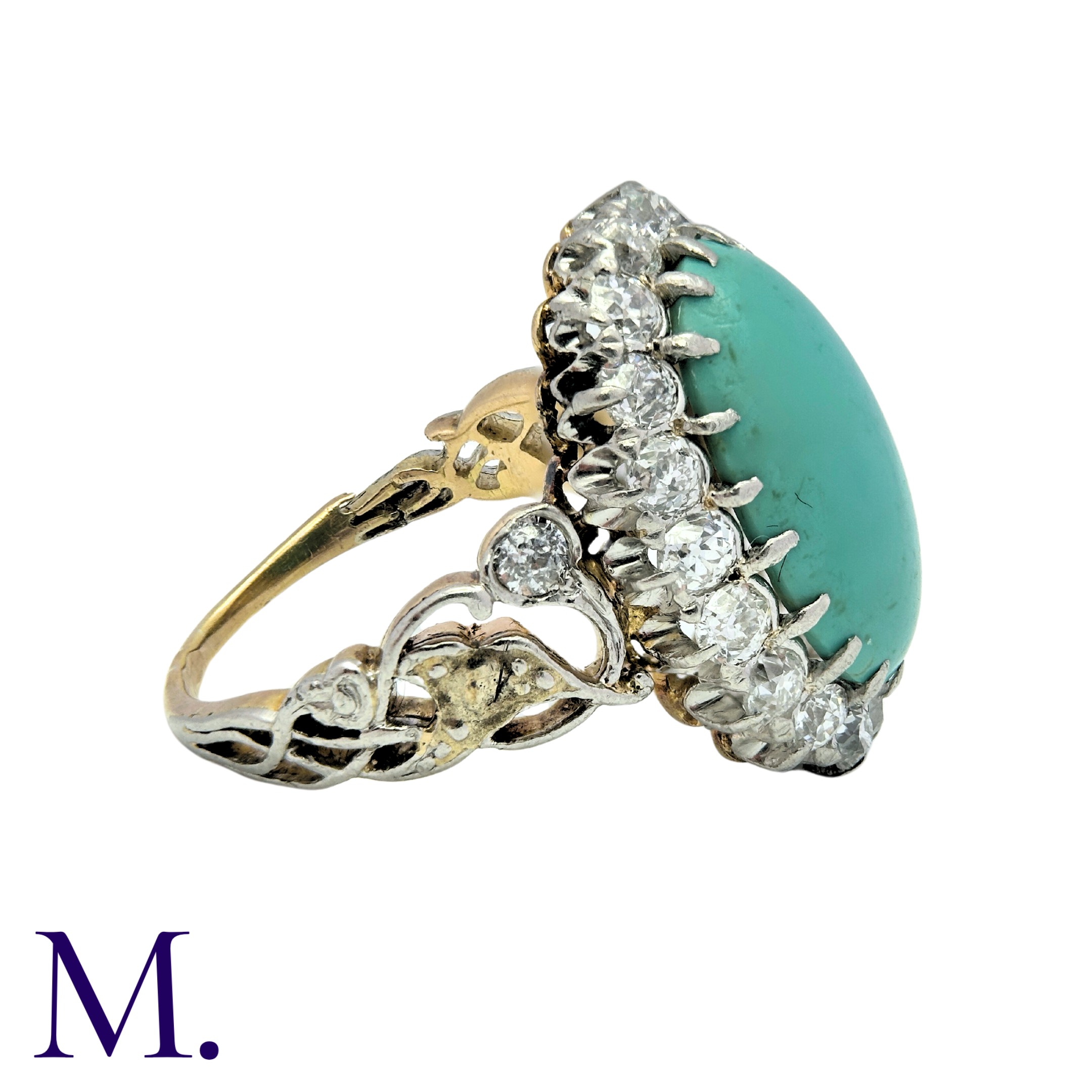 An Antique Turquoise and Diamond Cluster Ring in 18K yellow gold, set with an oval cabochon of - Image 3 of 3