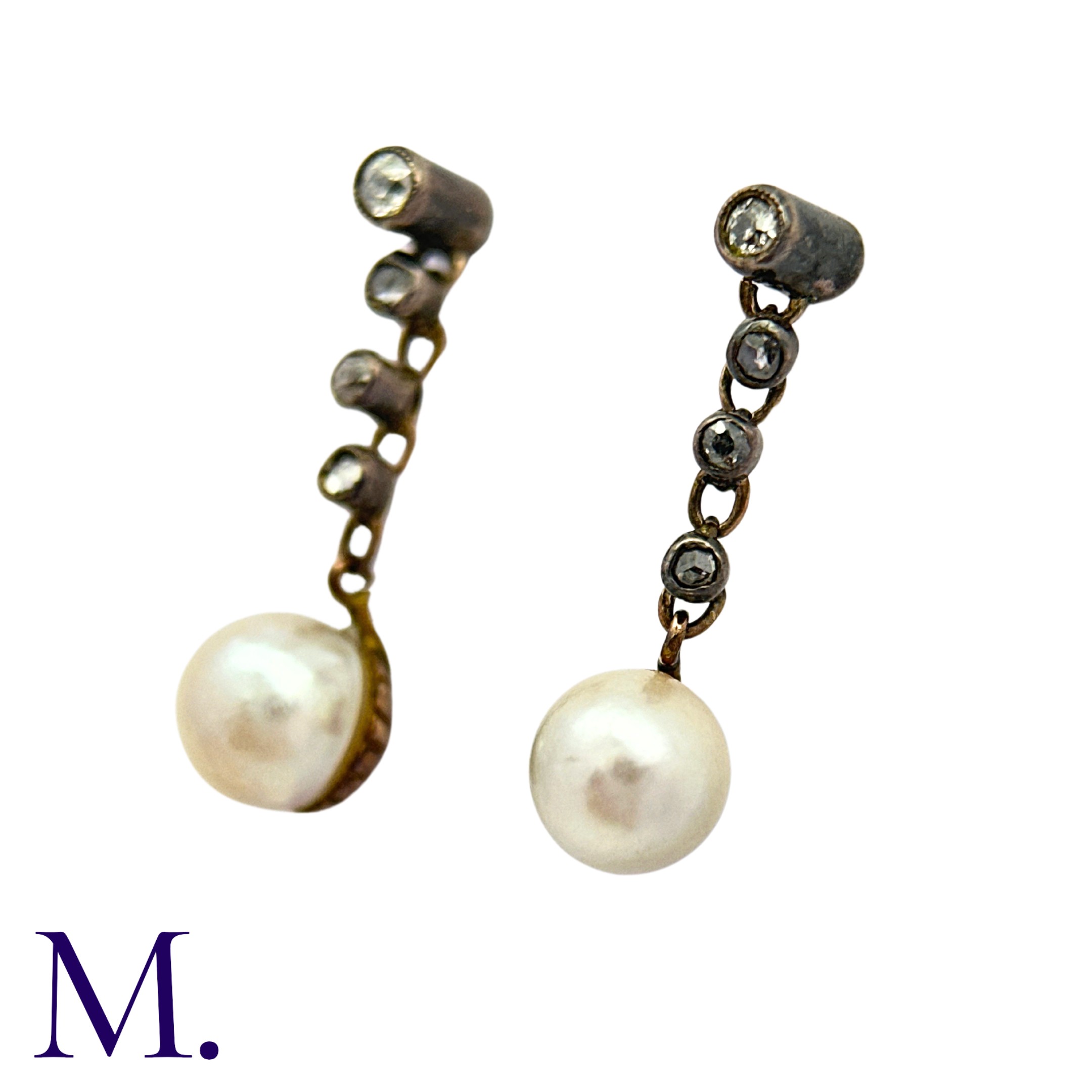 A Pair of Antique Pearl and Diamond Earrings in yellow gold and silver, each comprising an - Image 2 of 3