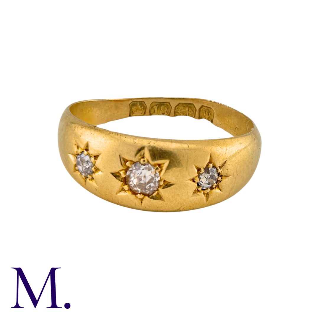A Diamond Gypsy Ring in 18K yellow gold set three old cut diamonds. Hallmarked for 18ct gold. - Image 2 of 2