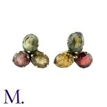A Pair of Multi-Gem Earrings, each comprising a gem set, trefoil motif, of red yellow and green