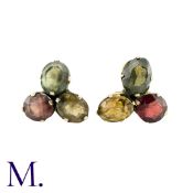 A Pair of Multi-Gem Earrings, each comprising a gem set, trefoil motif, of red yellow and green