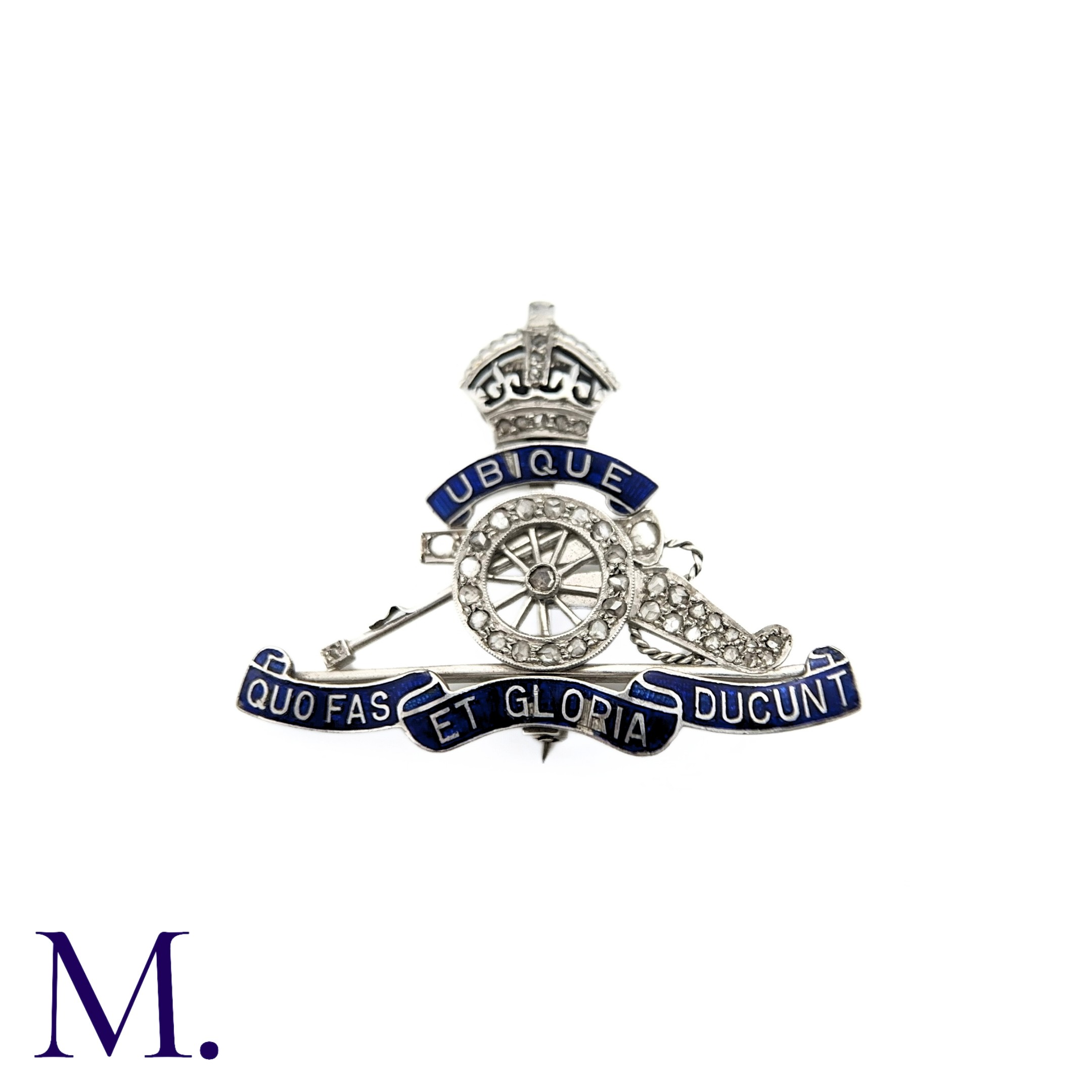 A Royal Artillery Enamel and Diamond Cap Badge in platinum and 18ct gold. Motto of 'Ubique Quo Fas - Image 2 of 3