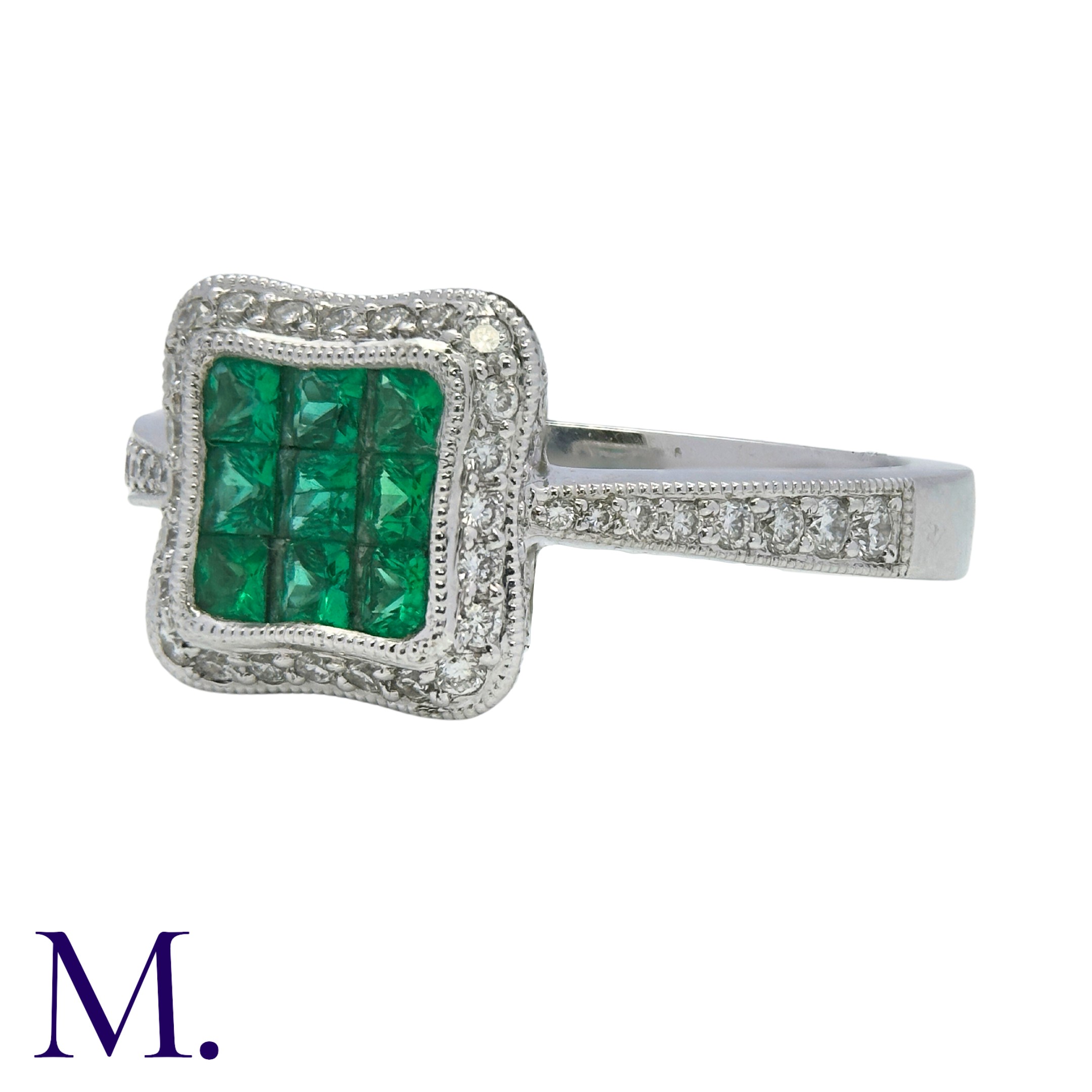 An Emerald and Diamond Ring in 18K white gold, set with nine square cut emeralds in a square panel - Image 4 of 5