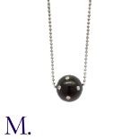 A Diamond-Set Wood Bead Pendant with Chain in 18K white gold, spherical hardwood bead inlaid with 12