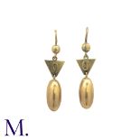 A Pair of Antique Gold Earrings in 15K yellow gold with elongated drops set to a triangular tops.