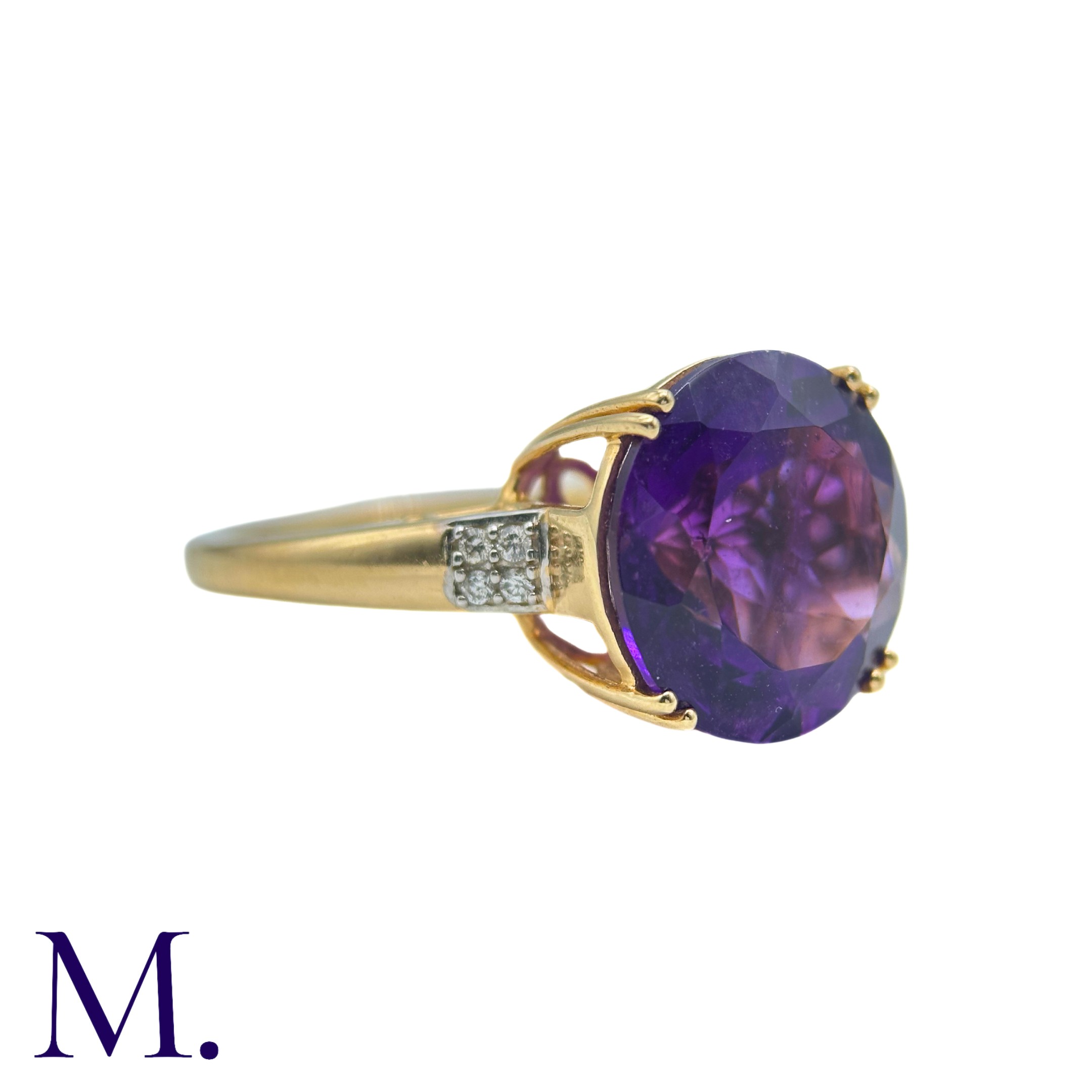 An Amethyst And Diamond Ring in 14k yellow gold, set with a principal round cut amethyst of - Image 3 of 5