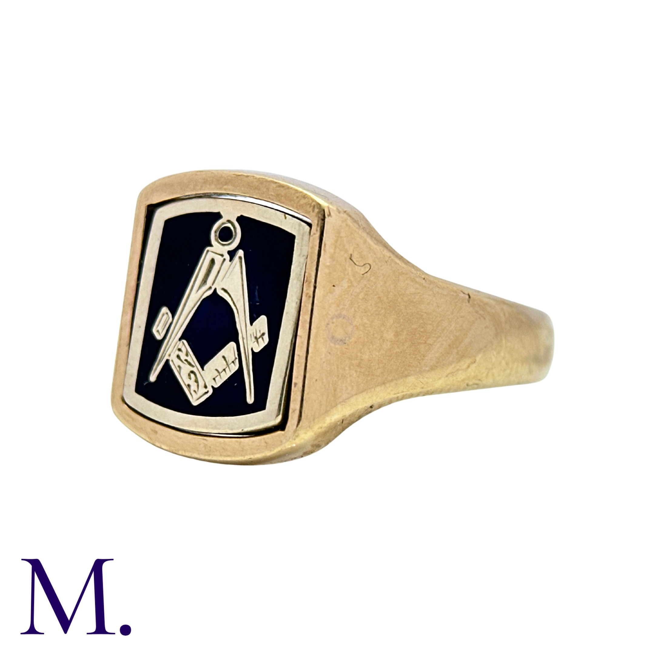 A Masonic Swivel Ring in 9k yellow gold, the signet ring with blue enamel set with gold square and - Image 3 of 4