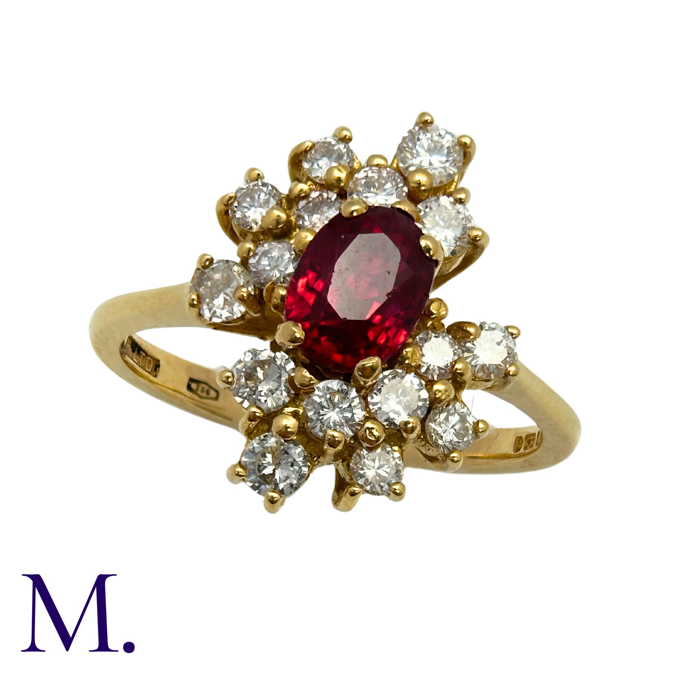 A Ruby and Diamond Ring in 18K yellow gold, set with an oval cut ruby of approximately 0.60ct to the - Image 3 of 3