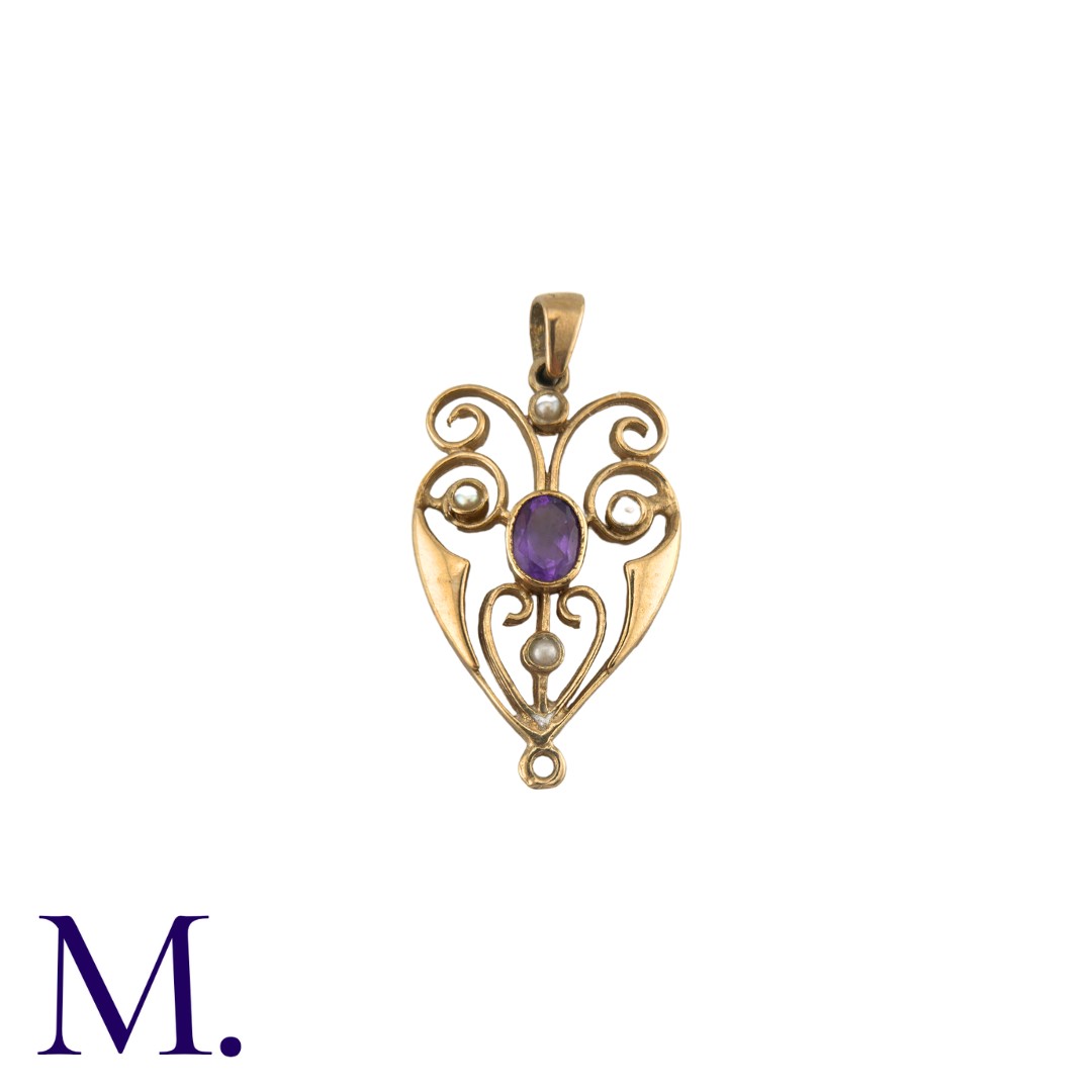 An Amethyst And Pearl Pendant in 9k yellow gold, the open work foliate and scrolling form set with