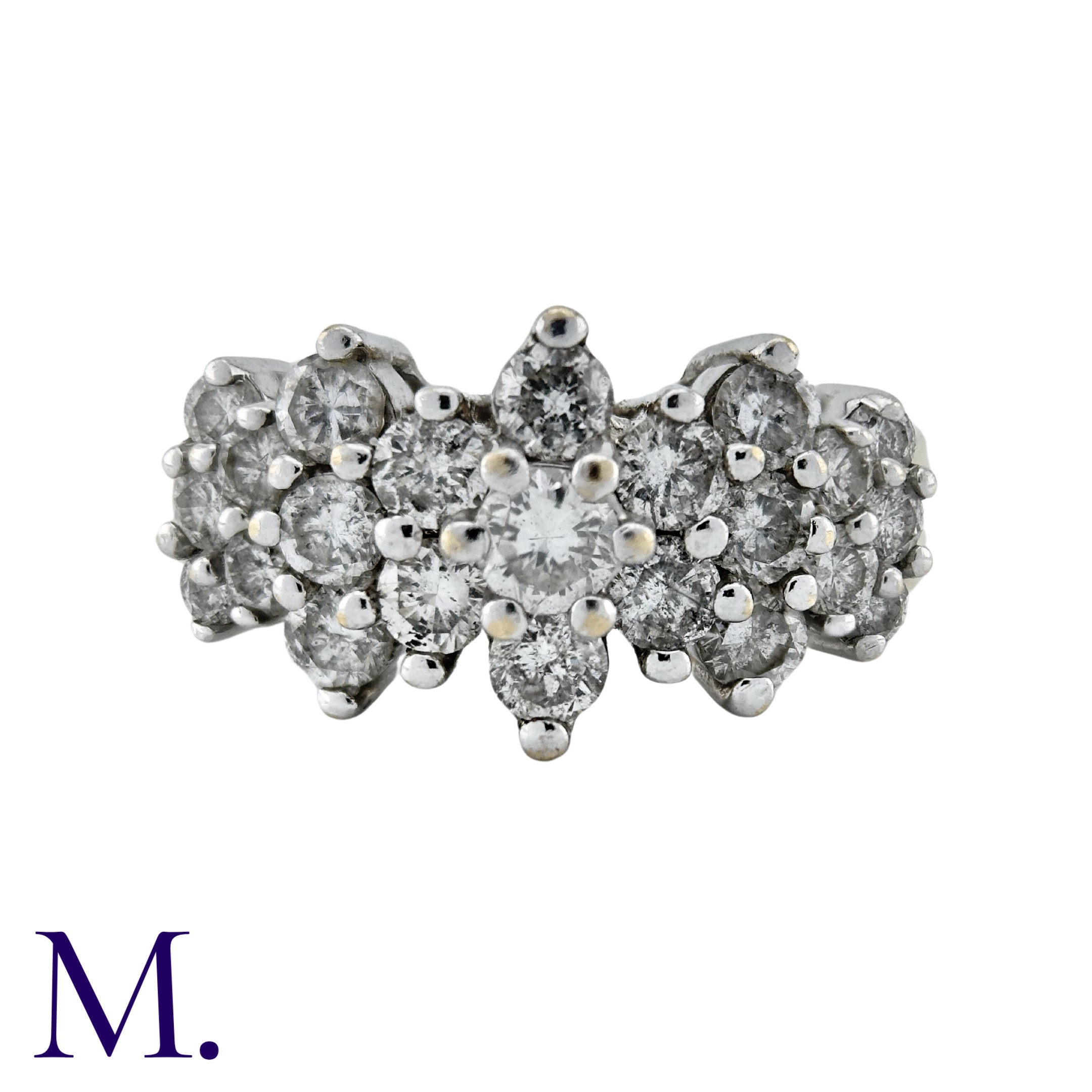 A Diamond Triple Cluster Ring in 9k yellow and white gold, comprising three clusters of diamonds all