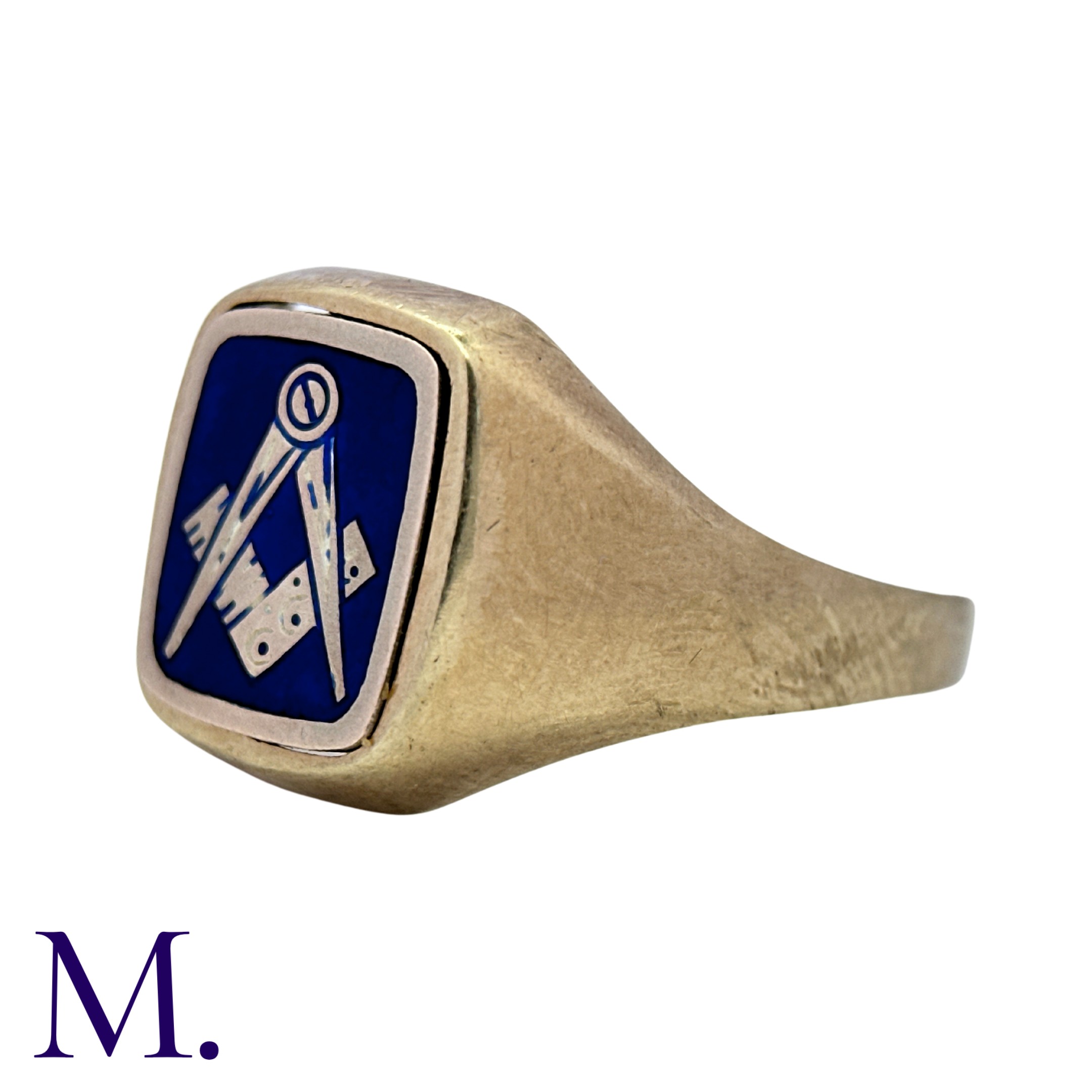 A Masonic Swivel Ring in yellow gold, the signet ring with blue enamel set with gold square and - Image 2 of 4