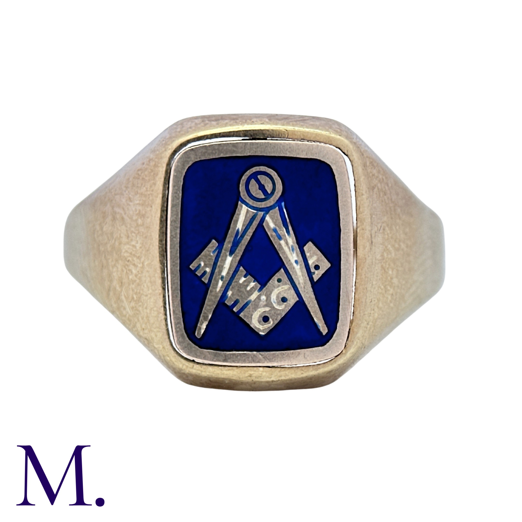 A Masonic Swivel Ring in yellow gold, the signet ring with blue enamel set with gold square and