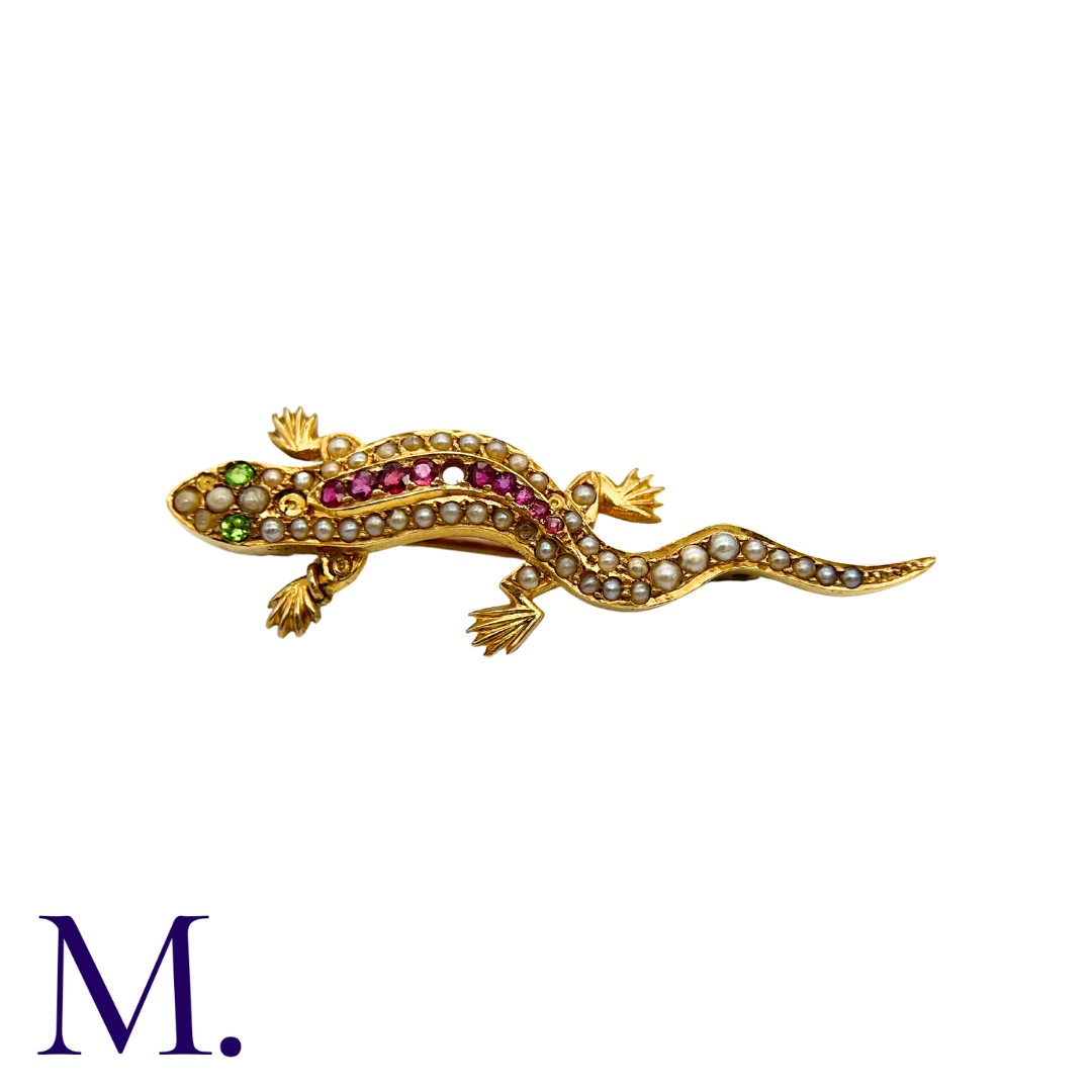 A Gem-Set Salamander Brooch in 15K yellow gold, set with peridot, rubies (one deficient) and - Image 2 of 3