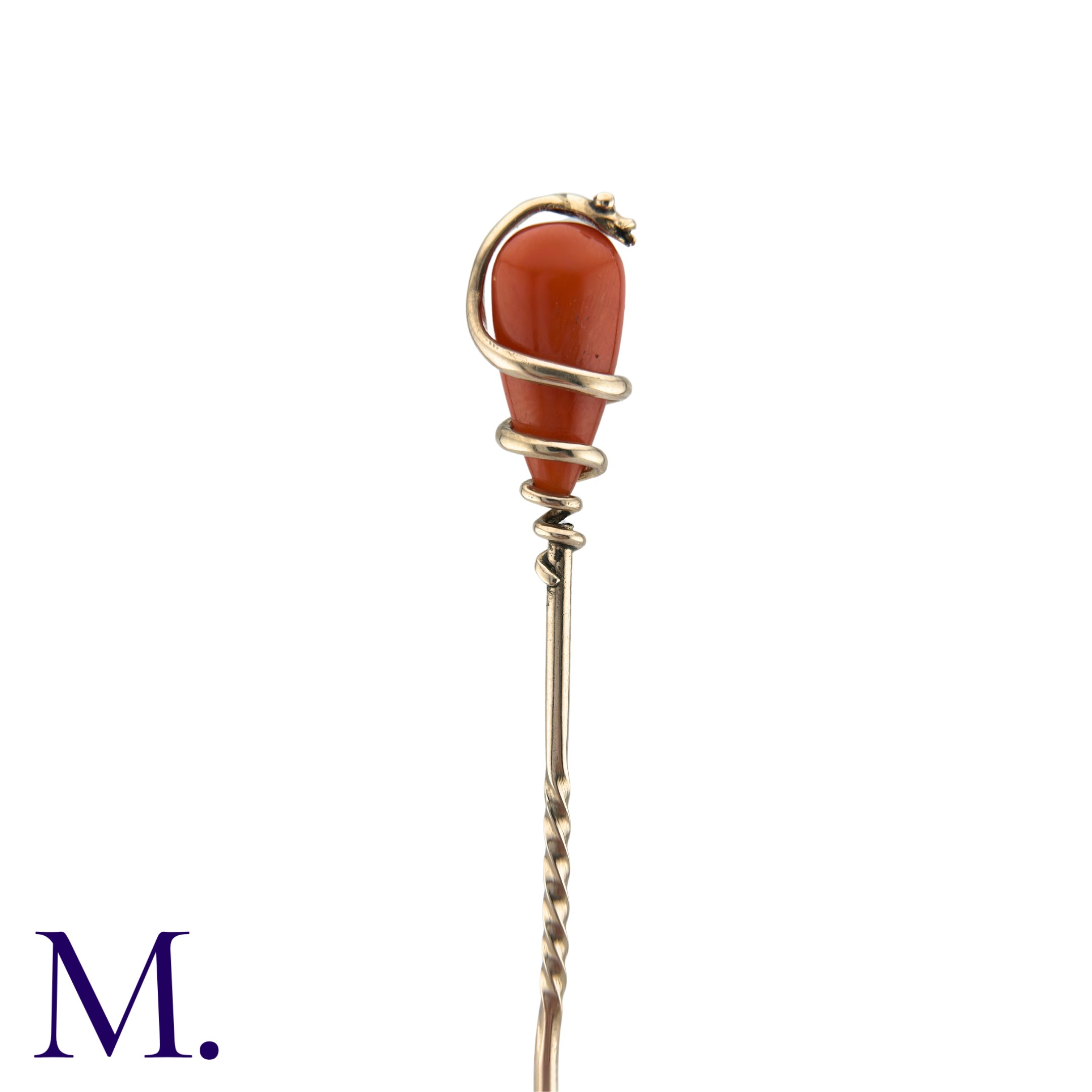 A Coral Snake Stick Pin in yellow gold, comprising a polished coral drop encased in a coiled snake - Image 3 of 3