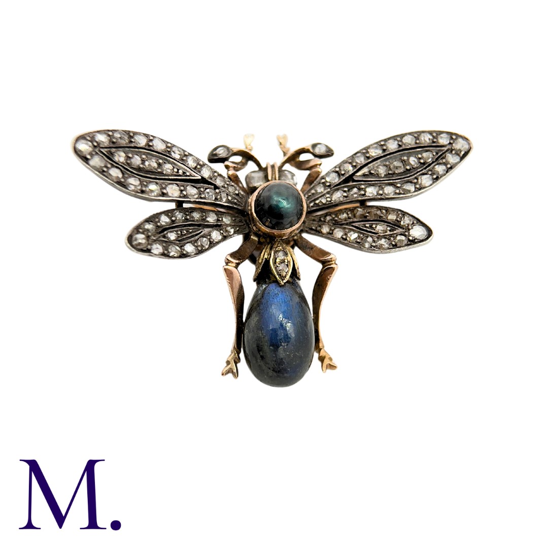 An Antique Labradorite & Diamond Insect Brooch in 18K gold and silver, set with a pear-shaped - Image 3 of 4