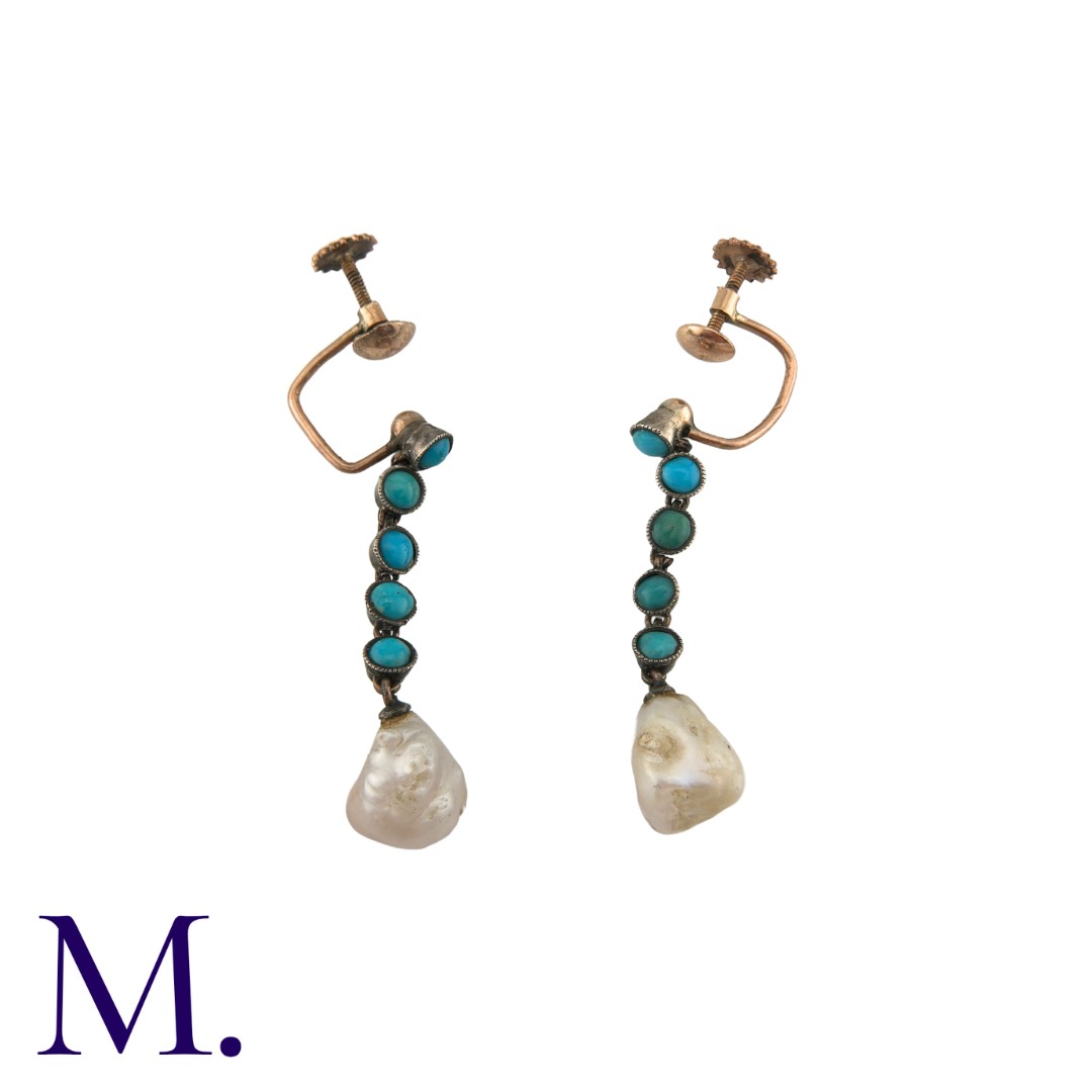 A Pair Of Pearl And Turquoise Drop Earrings in yellow gold and silver, comprising a series of