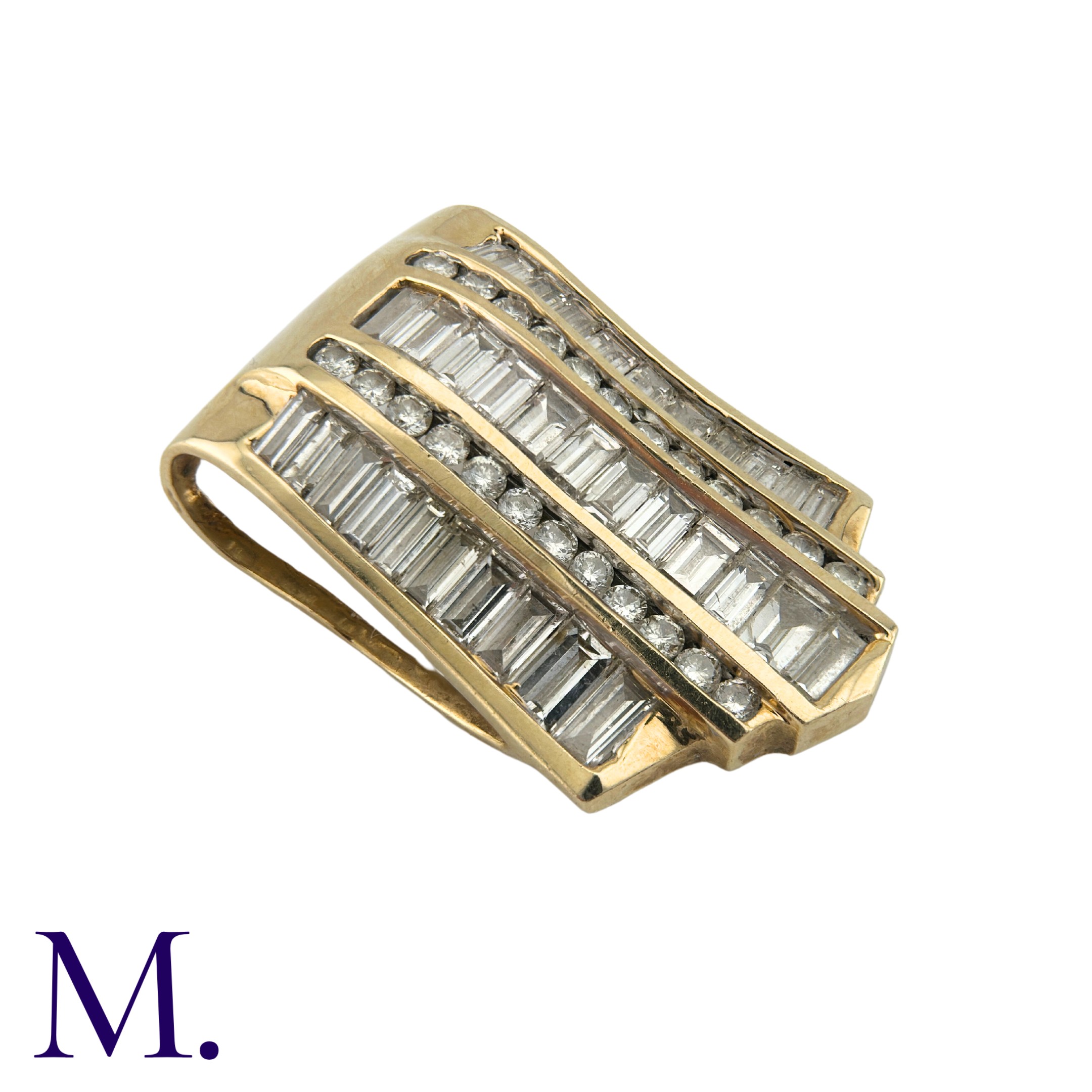 A Diamond Pendant in 14k yellow gold, set with three rows of baguette cut diamonds and two rows of - Image 2 of 3