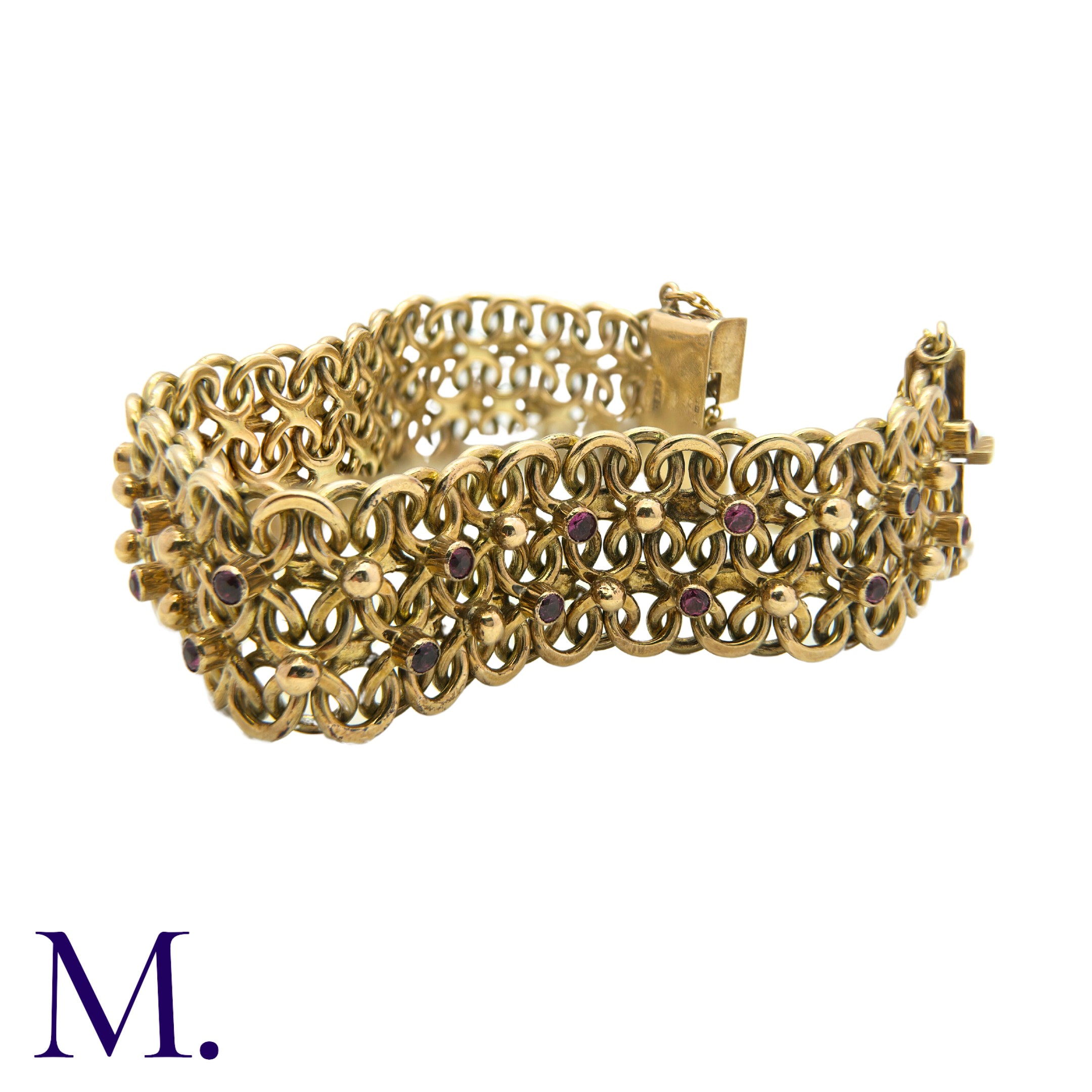 A Garnet-Set Bracelet in 9K yellow gold, set with 26 round cut garnets to a wide, fancy link chain - Bild 3 aus 3