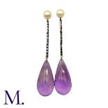 A Pair of Amethyst, Sapphire and Pearl Earrings in 18K gold, set with a large faceted amethyst