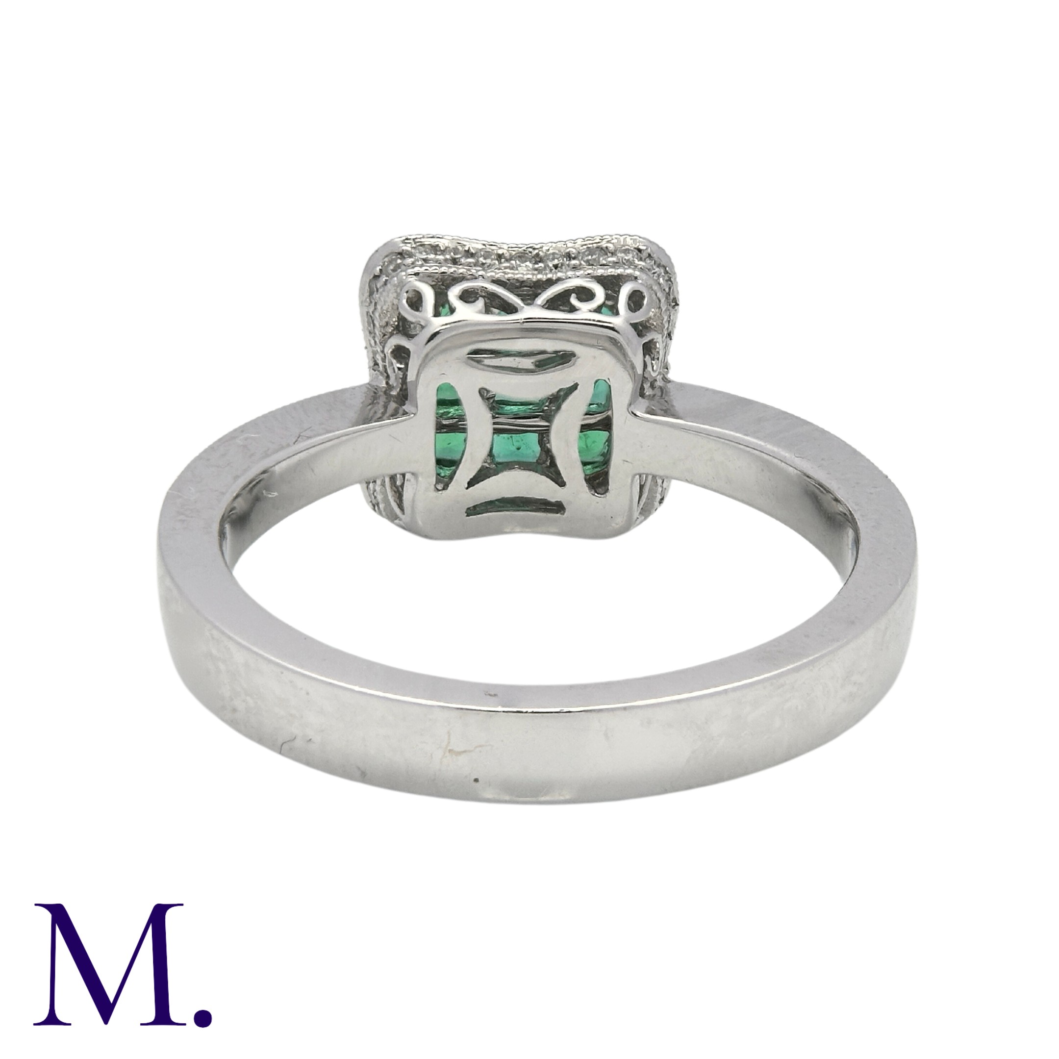 An Emerald and Diamond Ring in 18K white gold, set with nine square cut emeralds in a square panel - Image 5 of 5