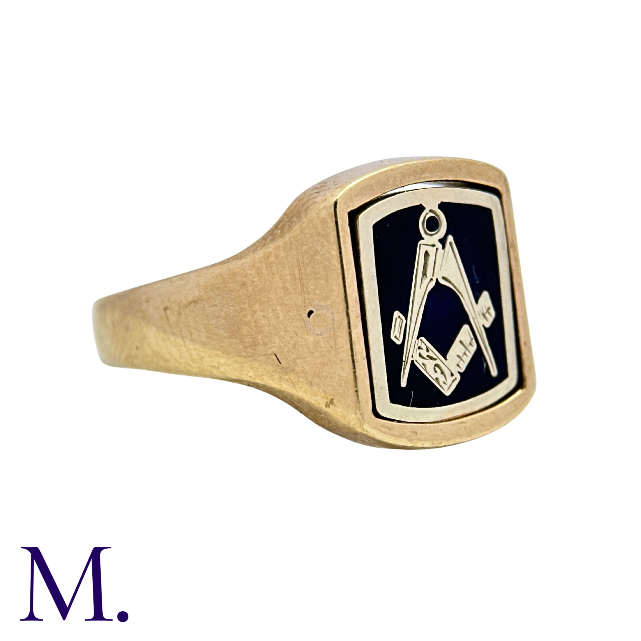 A Masonic Swivel Ring in 9k yellow gold, the signet ring with blue enamel set with gold square and - Image 2 of 4