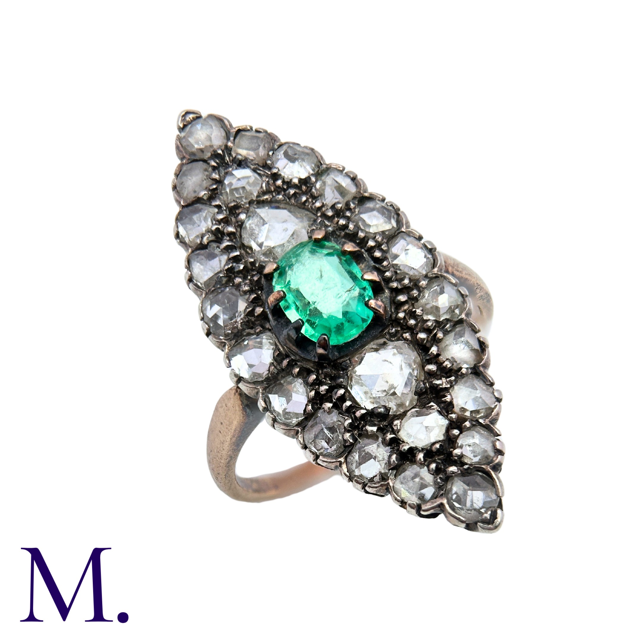 An Antique Emerald and Diamond Marquise Ring in 18K yellow gold, set with an oval-cut emerald to the - Image 2 of 5