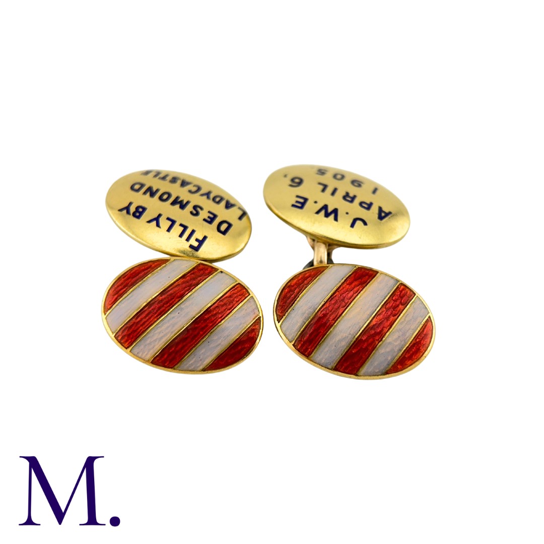 A Pair of Enamel Cufflinks in 9K yellow gold with enamel red and white stripes to one face and - Image 2 of 2