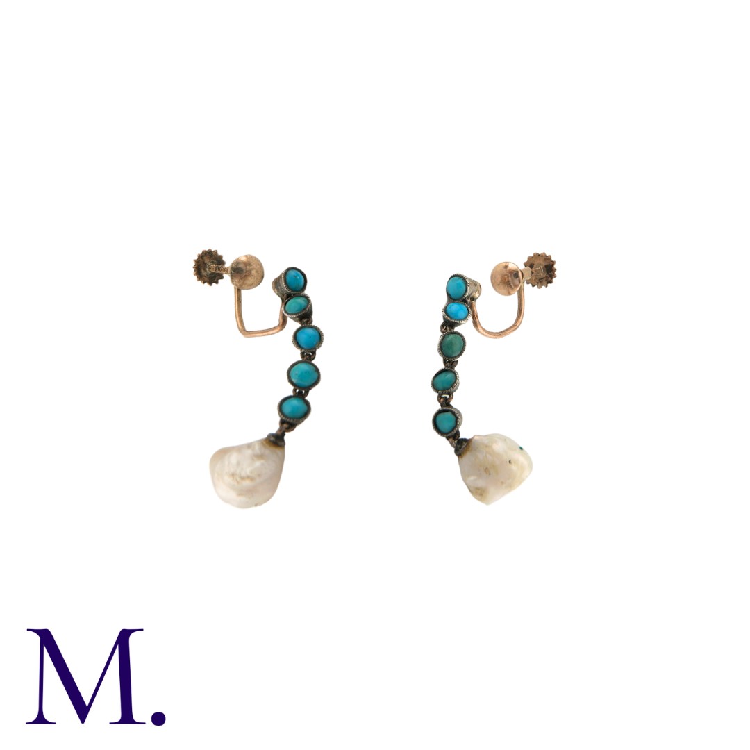 A Pair Of Pearl And Turquoise Drop Earrings in yellow gold and silver, comprising a series of - Image 2 of 2