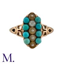 A Turquoise & Pearl Ring in yellow gold, set with a row of pearls accented either side with a row of
