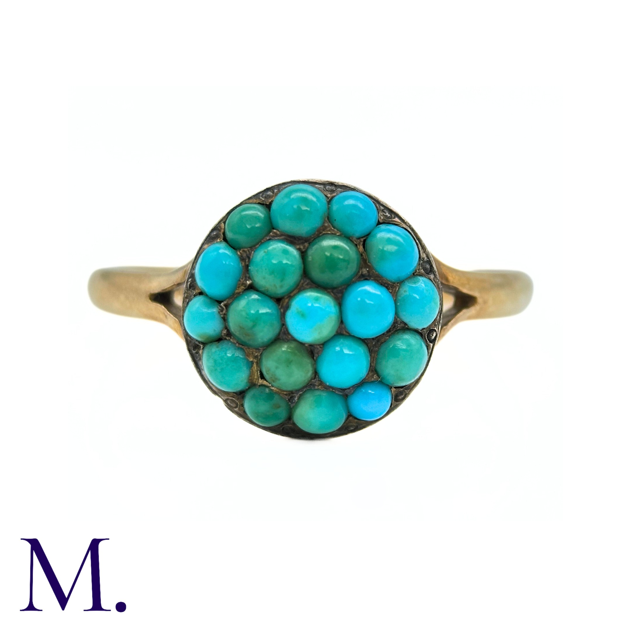 An Antique Turquoise Ring in yellow gold, the face pave set with cabochon turquoise. (Untested but