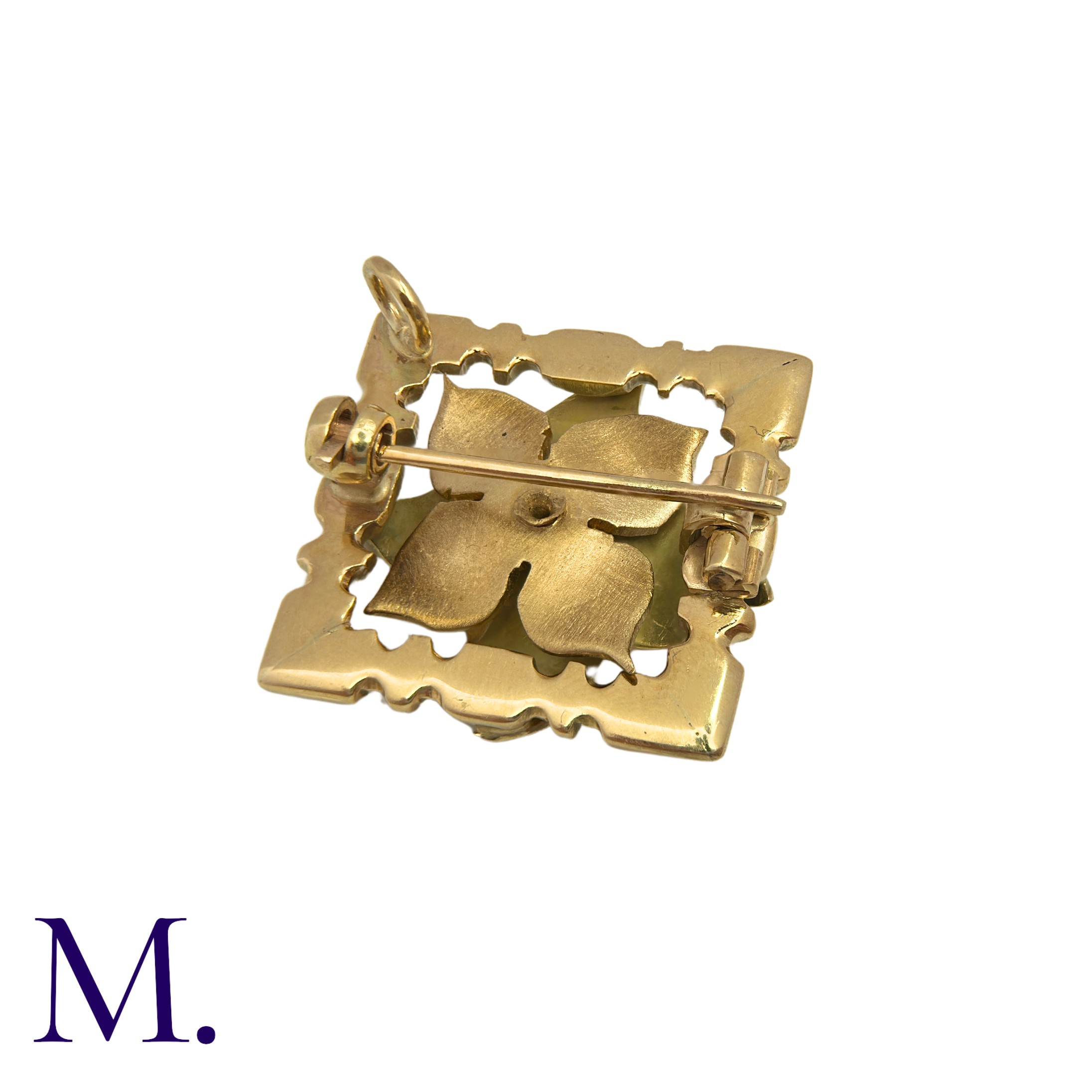 A Gold Pendant Brooch in 9K yellow gold, depicting a flower in square frame. With brooch and pendant - Image 2 of 2