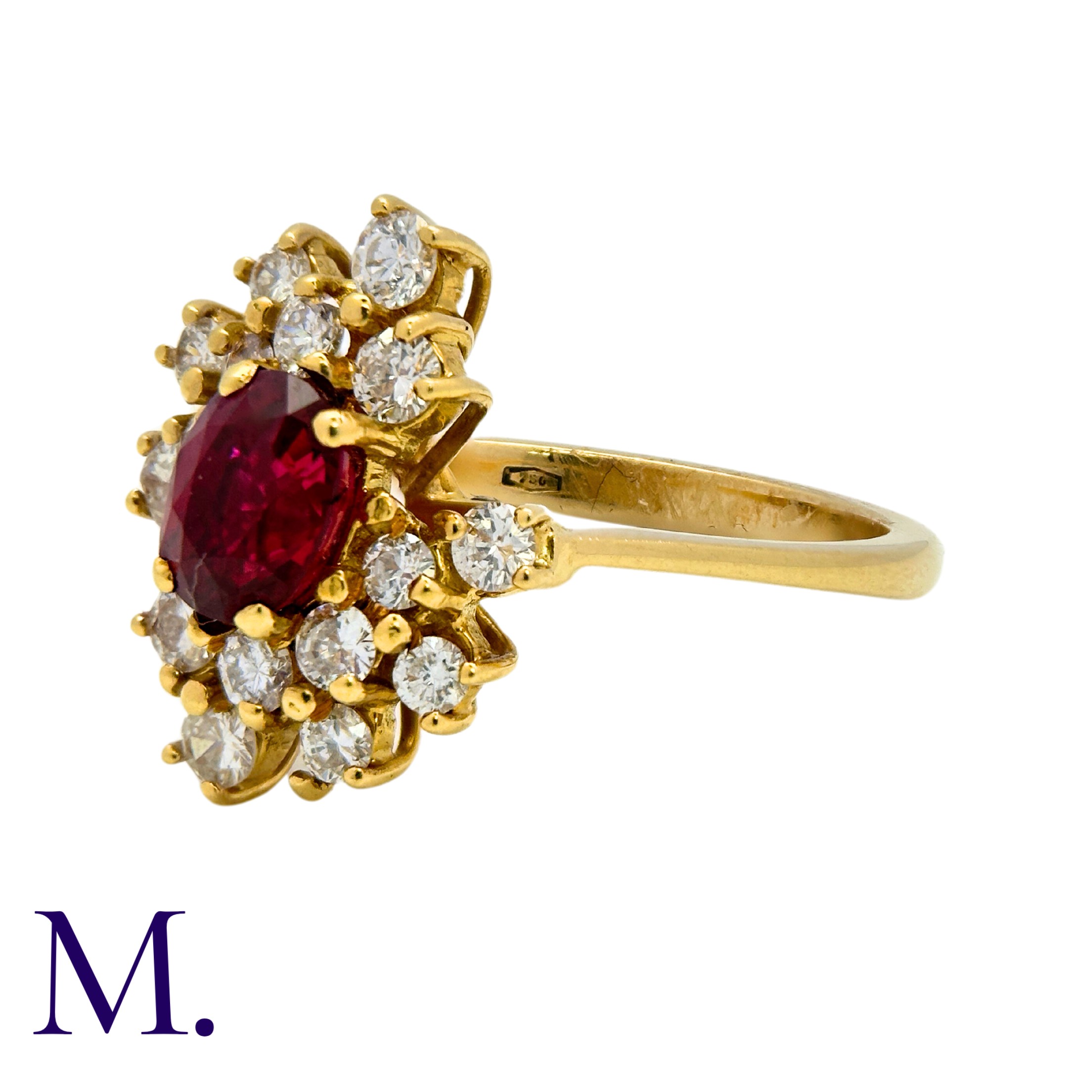 A Ruby and Diamond Ring in 18K yellow gold, set with an oval cut ruby of approximately 0.60ct to the - Image 2 of 3