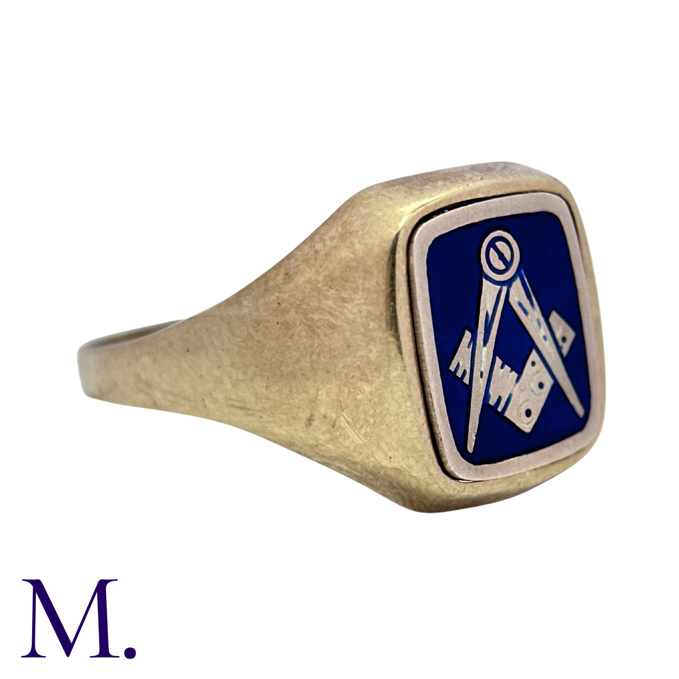 A Masonic Swivel Ring in yellow gold, the signet ring with blue enamel set with gold square and - Image 3 of 4