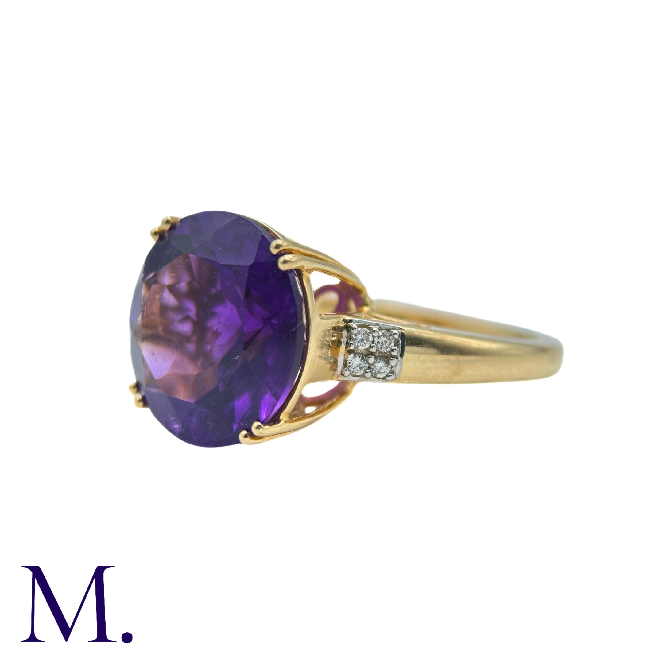 An Amethyst And Diamond Ring in 14k yellow gold, set with a principal round cut amethyst of - Image 2 of 5