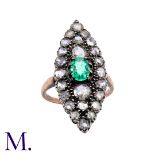 An Antique Emerald and Diamond Marquise Ring in 18K yellow gold, set with an oval-cut emerald to the