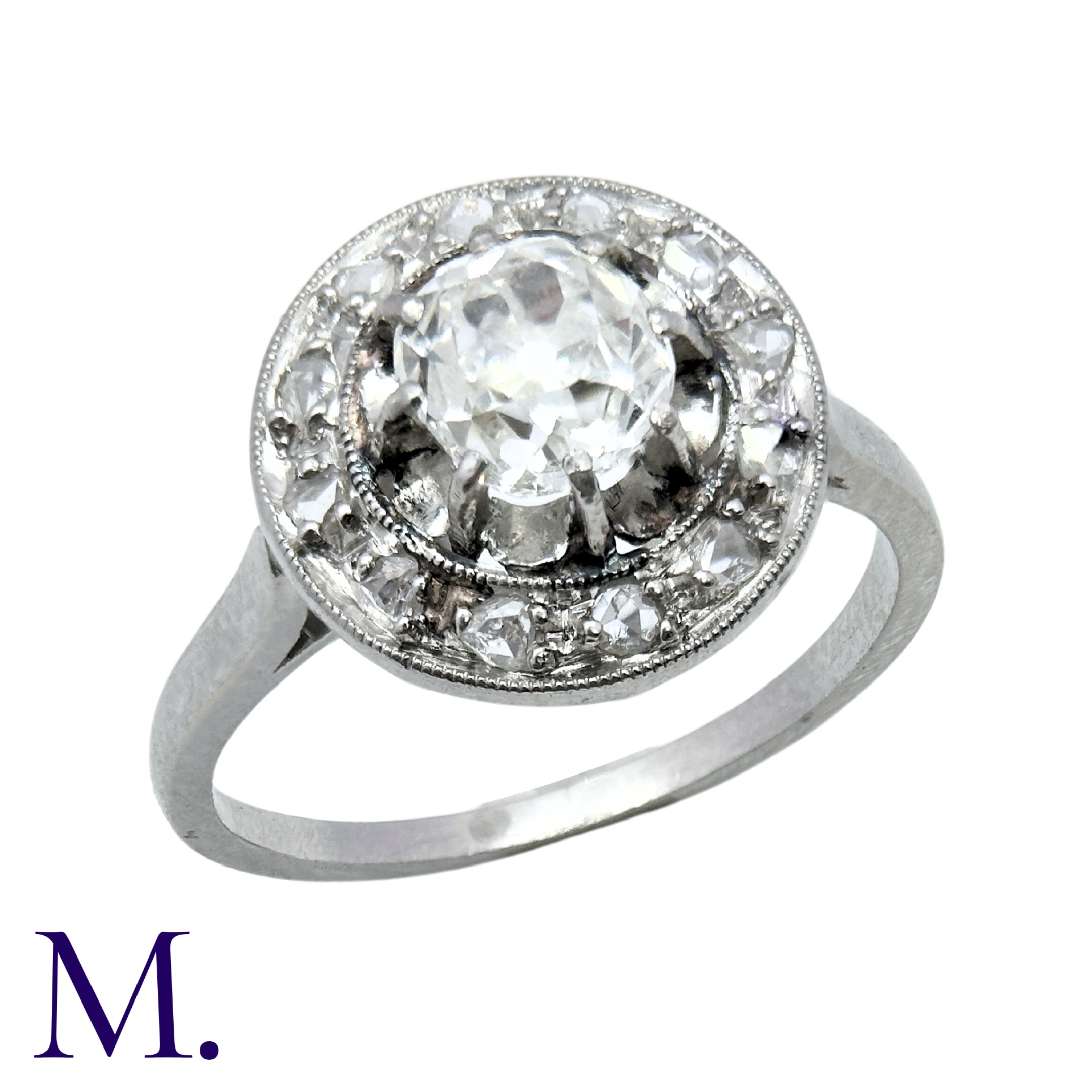 A Diamond Cluster Ring in platinum, set with an old cut diamond of approximately 1.0ct to the centre - Image 2 of 4