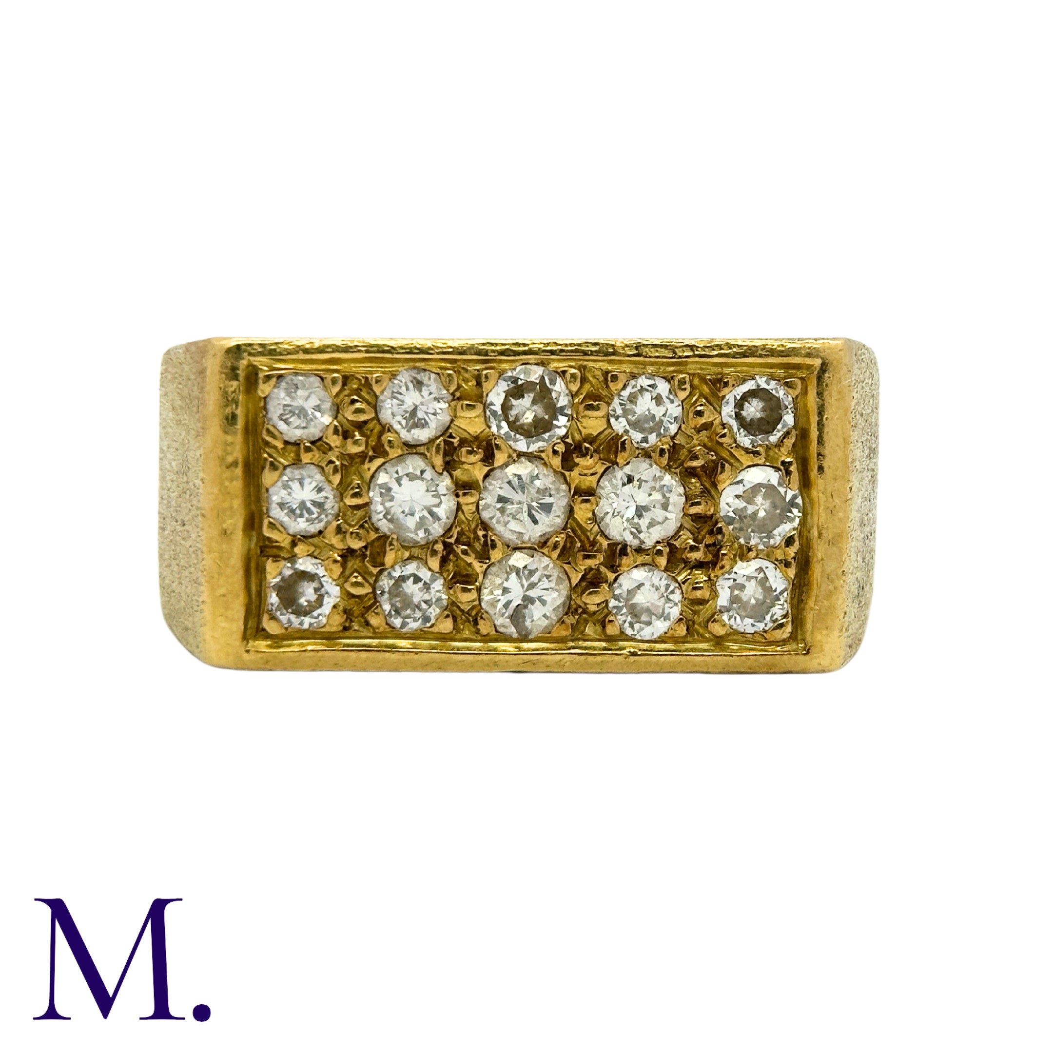 A Diamond-Set Signet Ring in 18K yellow gold, with textured, matt-finish band, set with three rows - Image 2 of 5