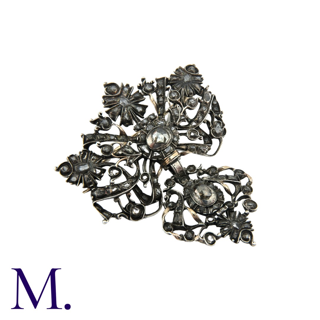 An Antique Rose Diamond Brooch in silver of foliate and bow motif, set with rose cut diamonds. - Image 3 of 3